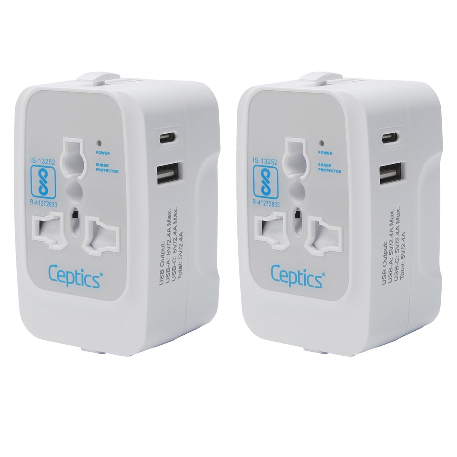 Ceptics Universal Travel Adapter with Type C, 3 in 1 Ceptics Universal Travel Adapter with Type C, 3 in 1 Universal Adapter Plug, Travel Accessories with 2 USB A & 1 USB-C, Travel International Adapter All in One - 2 Pack