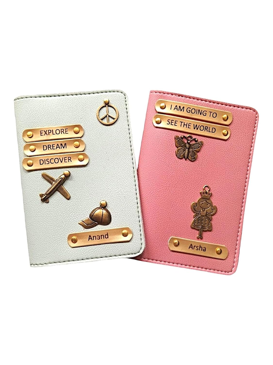 Customised Caption Passport Cover with Name and Charm Combo Pack| Customised Caption Passport Cover with Name and Charm Combo Pack| 2 in one Pack passport Holder| Stylist Caption Design with Name and Charm Light Greenish & Peach