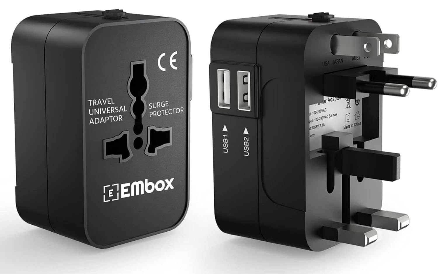 Embox Universal Charger Adapter Worldwide Universal Travel Adapter All in Embox Universal Charger Adapter Worldwide Universal Travel Adapter All in one Wall Charger AC Multi Plug Adapter with 2 USB Charging Ports US EU UK AUS Mobile Phone Laptop Black Pack of 1