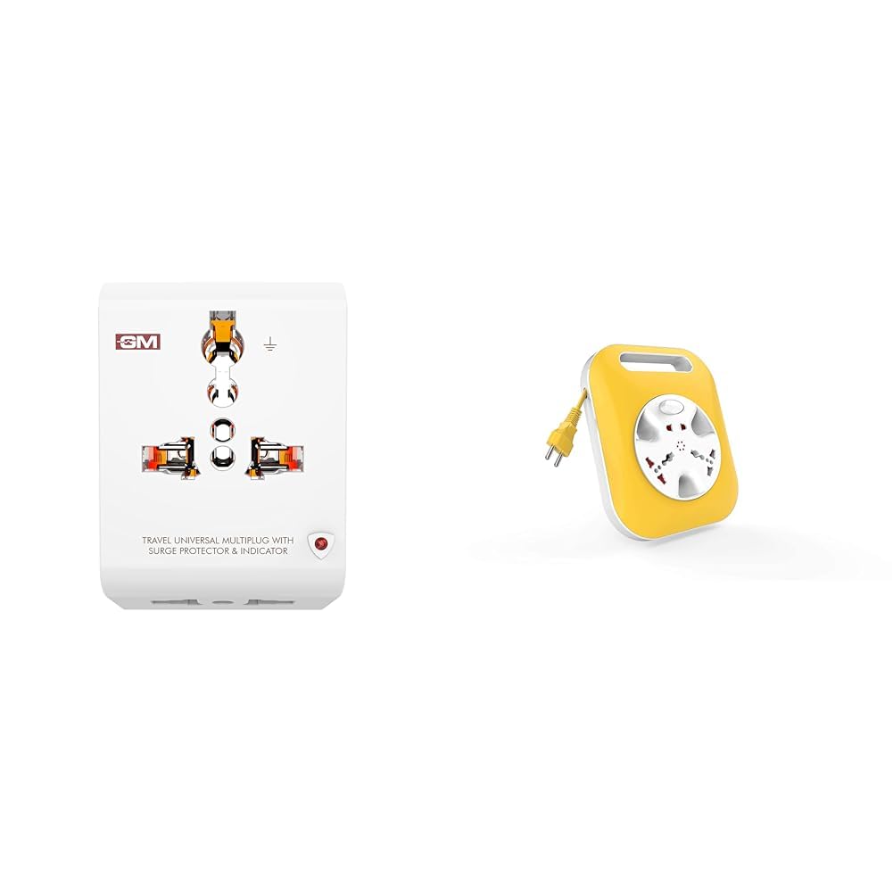 GM 3012 3 Pin Travel Universal Multi Plug Adaptor with Surge Protector and Indicator White Pack of 1