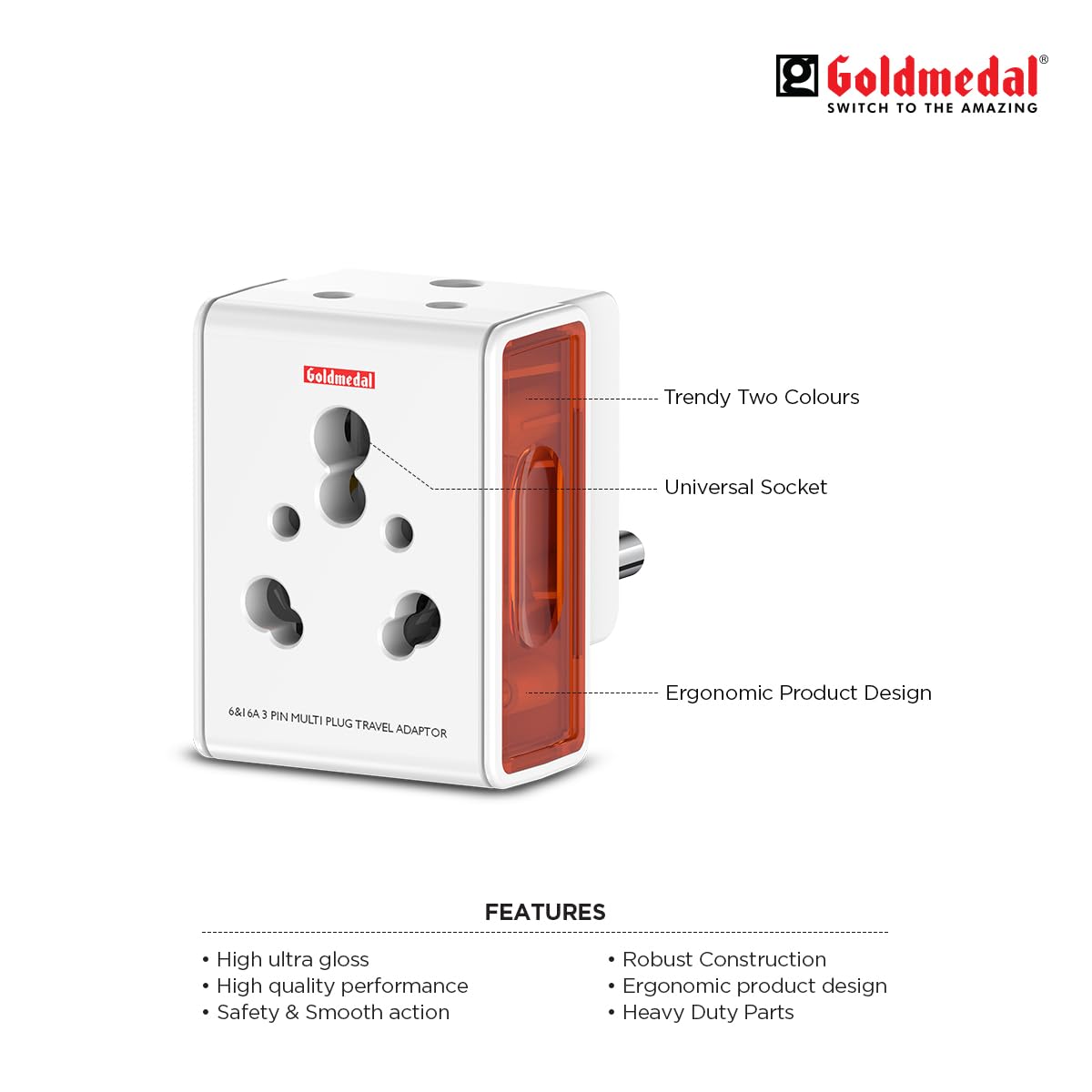 Goldmedal 16A i Link 3 Pin Universal Travel Adaptor White Pack of 1 Ideal Travel Companion Durable Reliable