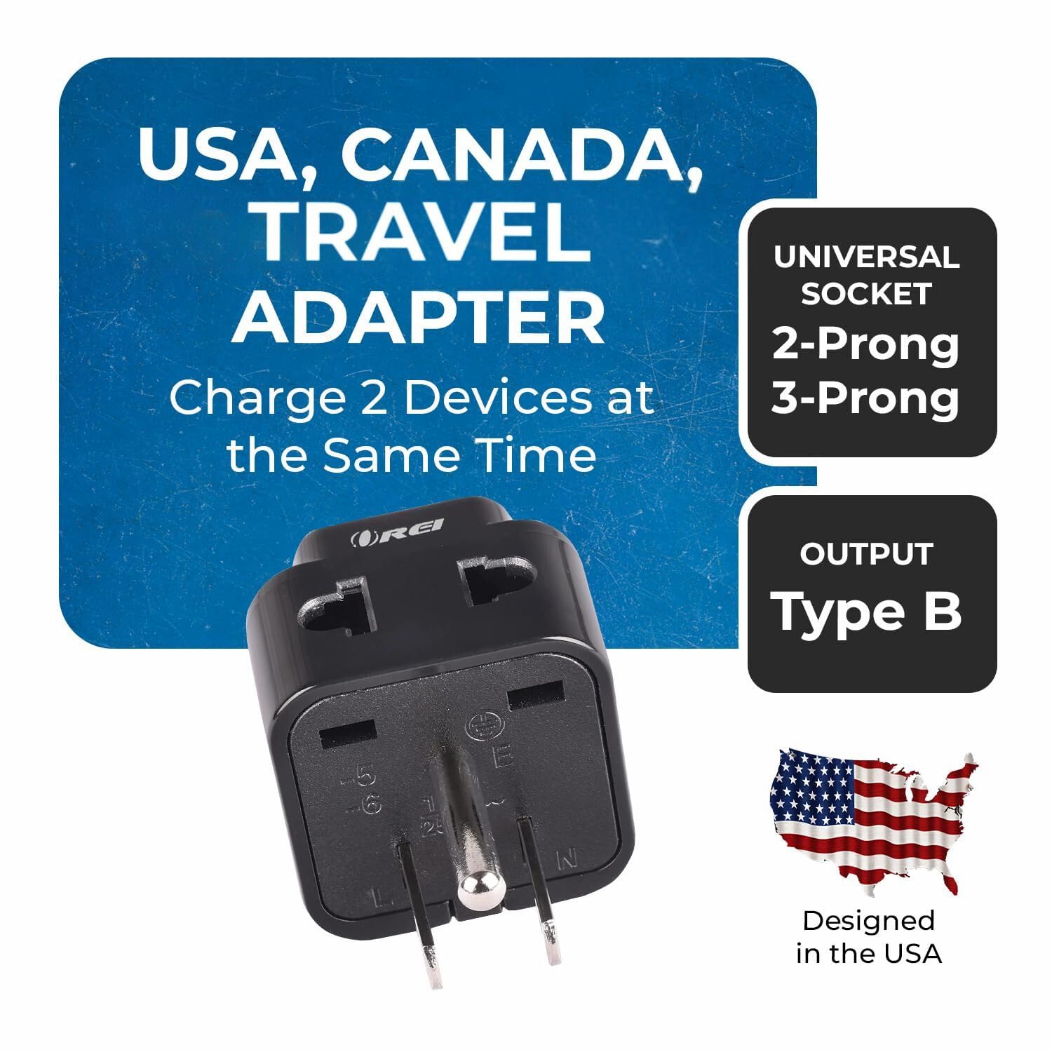 OREI India to Canada USA Travel Adapter Philippines Type B Plug 2 in 1 Perfect for Laptop Chargers CE RoHS Black