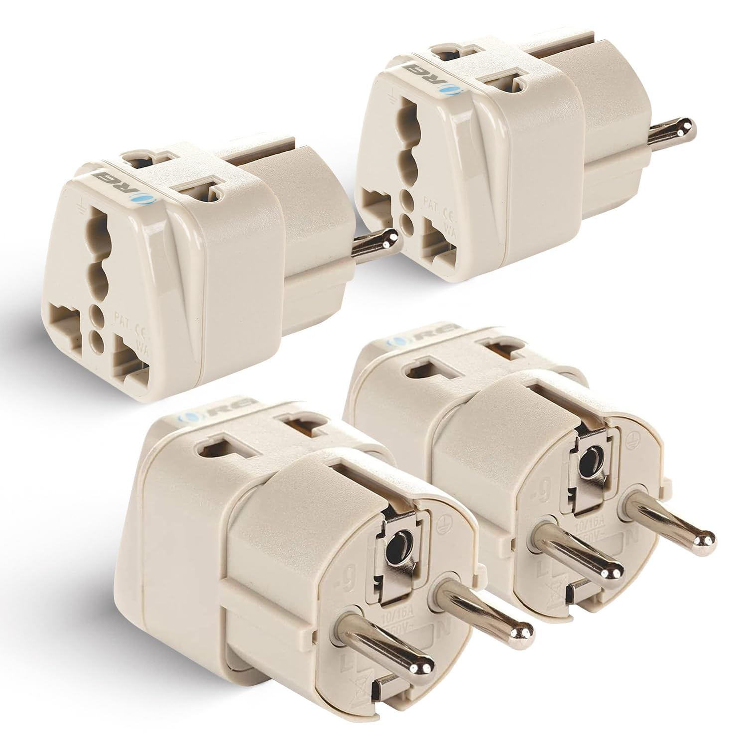 Orei India Europe Adapter (Schuko) Plug - Type E/F India to Europe Adapter - 2 in 1 - Perfect for Laptop, Camera Charger and More - CE, RoHS - 4 Pack - Beige - 5 Years Warranty