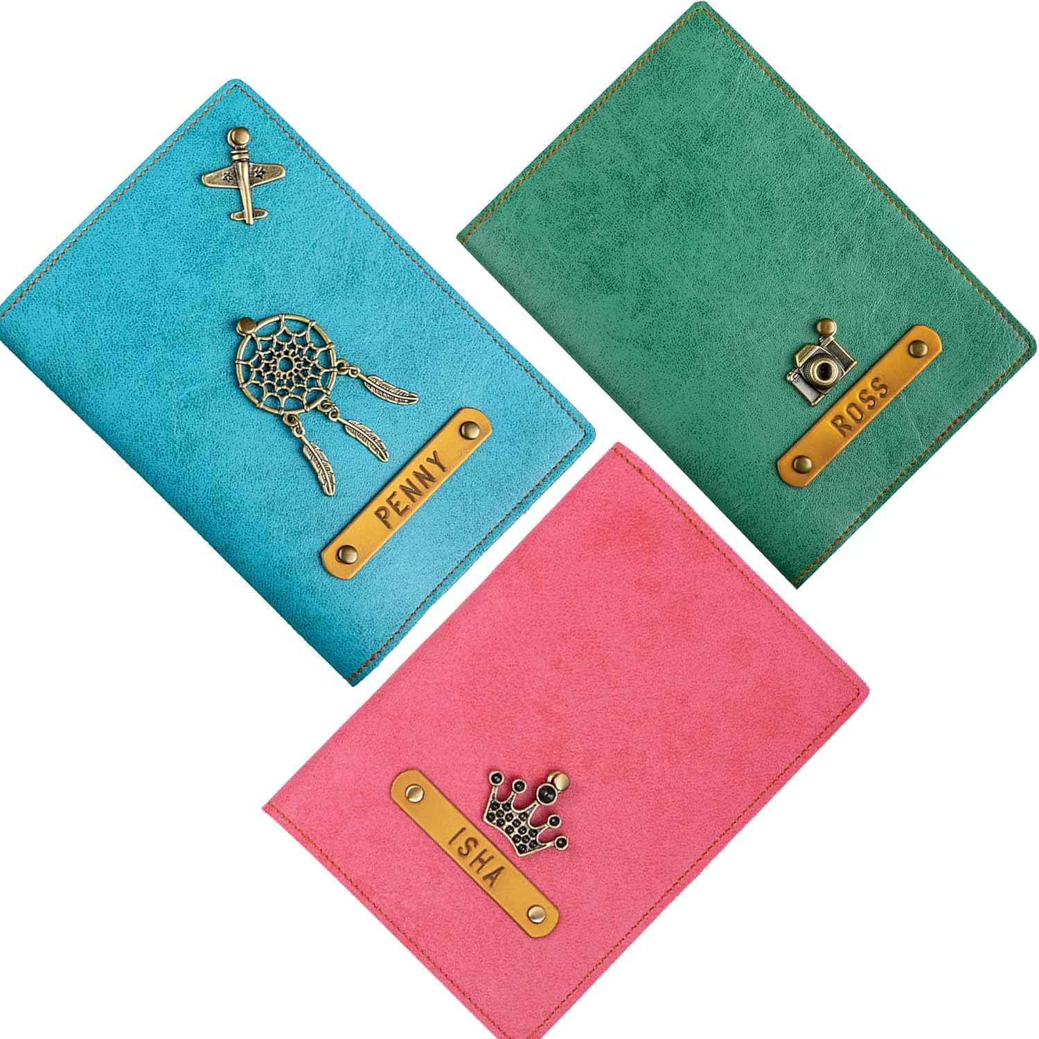 The Junket Personalized Passport Holder For Family | Pu Leather The Junket Personalized Passport Holder For Family | Pu Leather Passport Cover With Customized Name & Charm | Handcrafted Unisex Gift For Travel (Pack Of 3), Multicolor