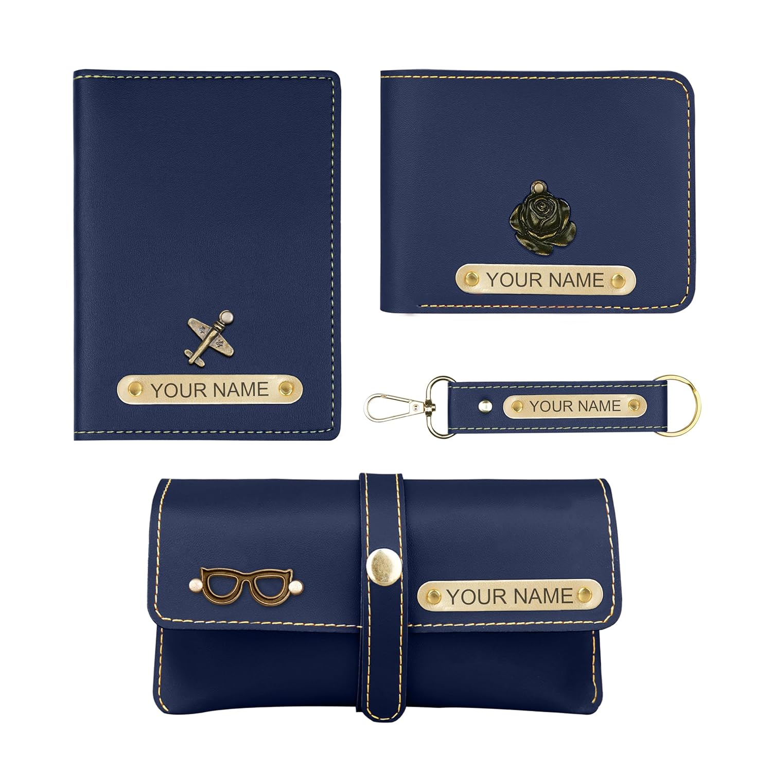 The Wallet Store Personalized Passport Cover, Wallet, Keychain & Eyewear The Wallet Store Personalized Passport Cover, Wallet, Keychain & Eyewear Case Combo | with Name & Charms | Best Customized Gifts for Men, Husband, Boyfriend, Father, Brother, Etc (Blue)