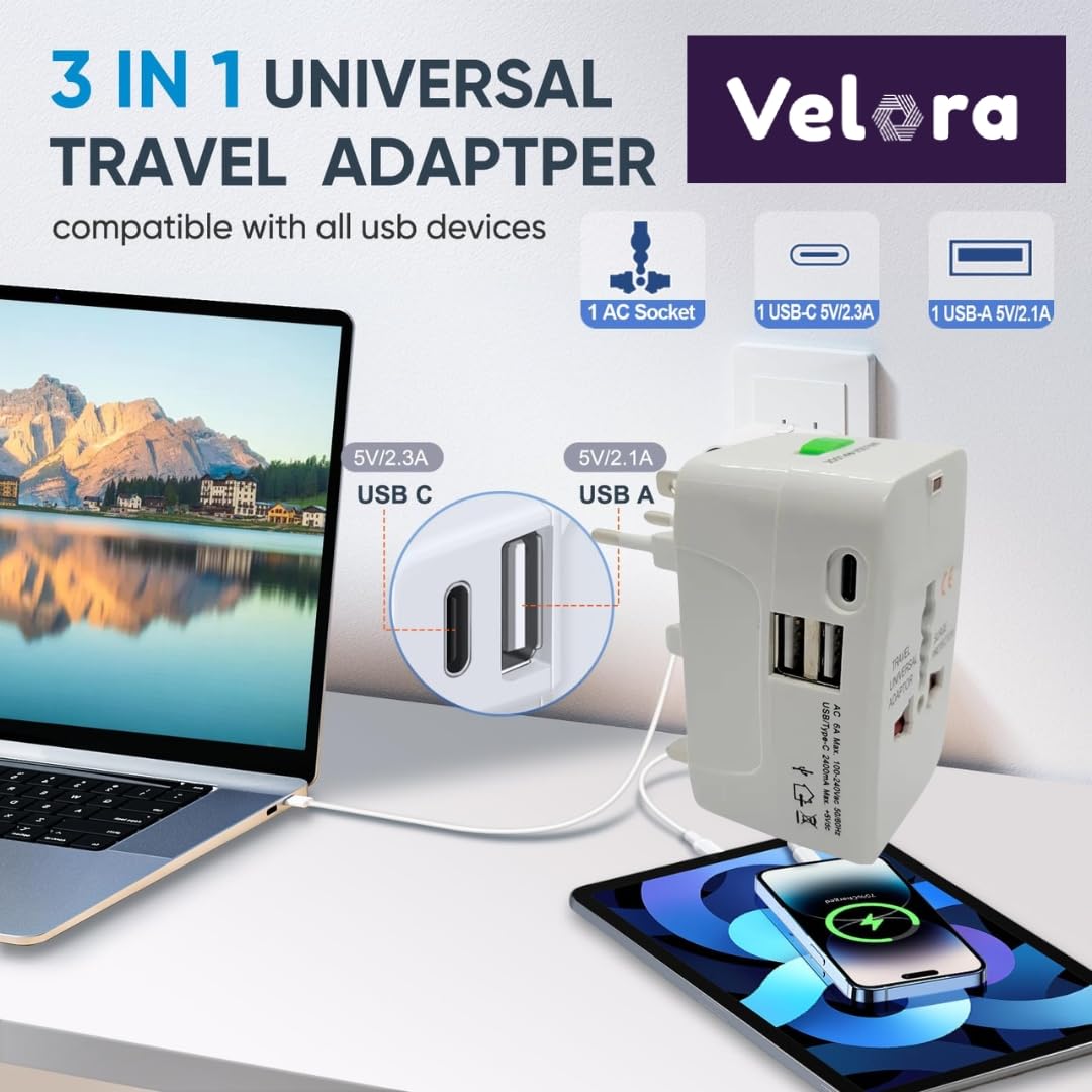 Velora Universal Travel Adapter with USB C All in One Worldwide Charger and Power Converter AC Plug Adapter with USB Type C Ports for USA EU UK AUS White