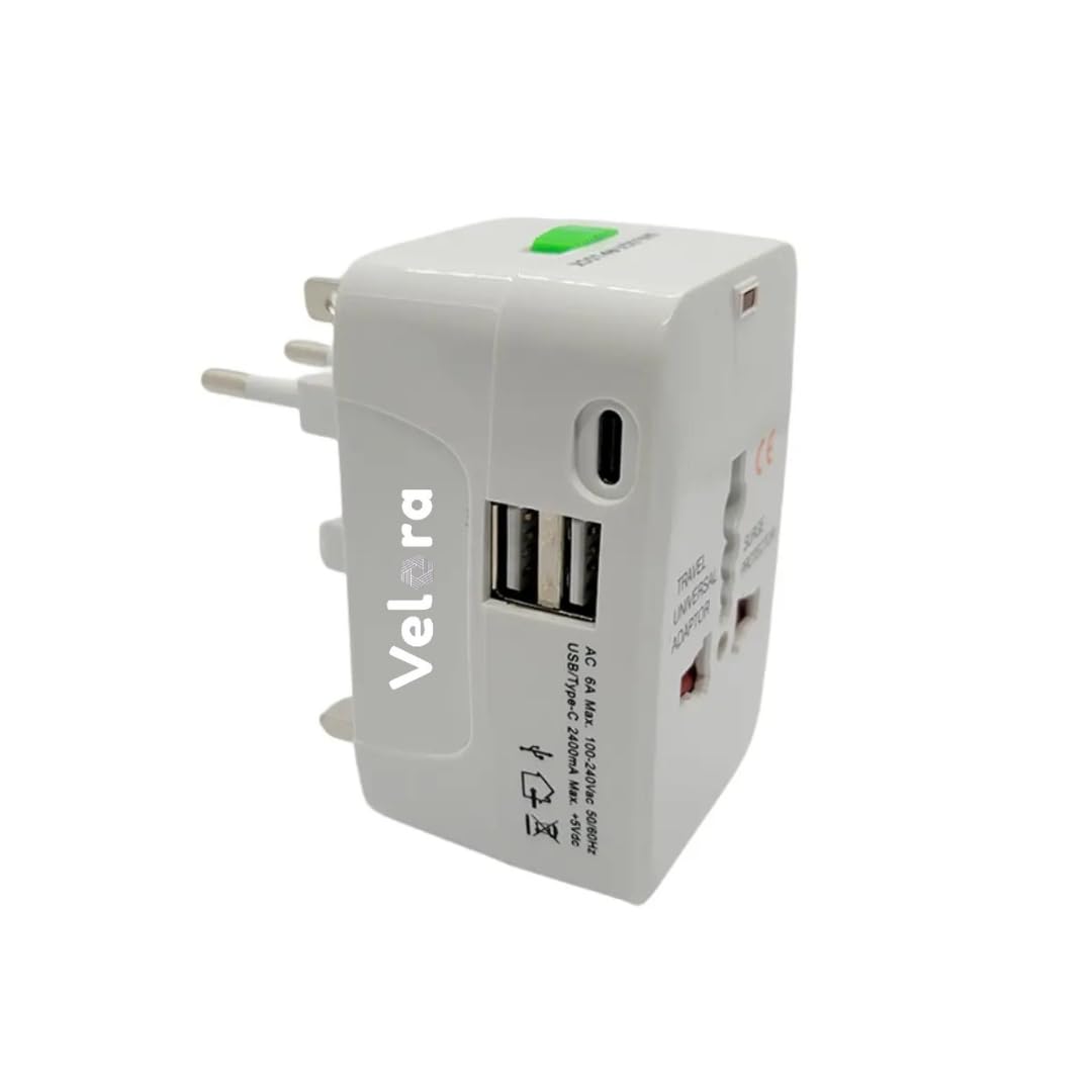 Velora Universal Travel Adapter with USB-C, All-in-One Worldwide Charger and Power Converter, AC Plug Adapter with USB Type-C Ports for USA, EU, UK, AUS - White