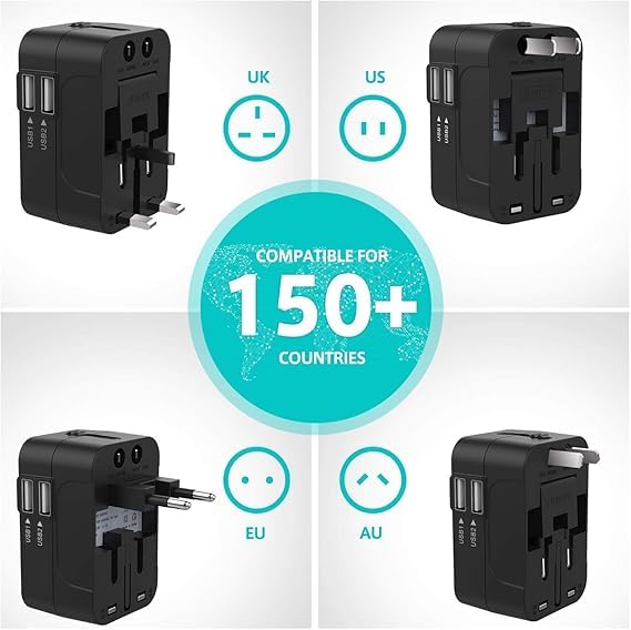 1741717092 The Esha Stores RTS Universal Travel Adapter International All in One Worldwide Travel Adapter and Wall Charger with USB Ports with Multi Type Power Outlet USB Black