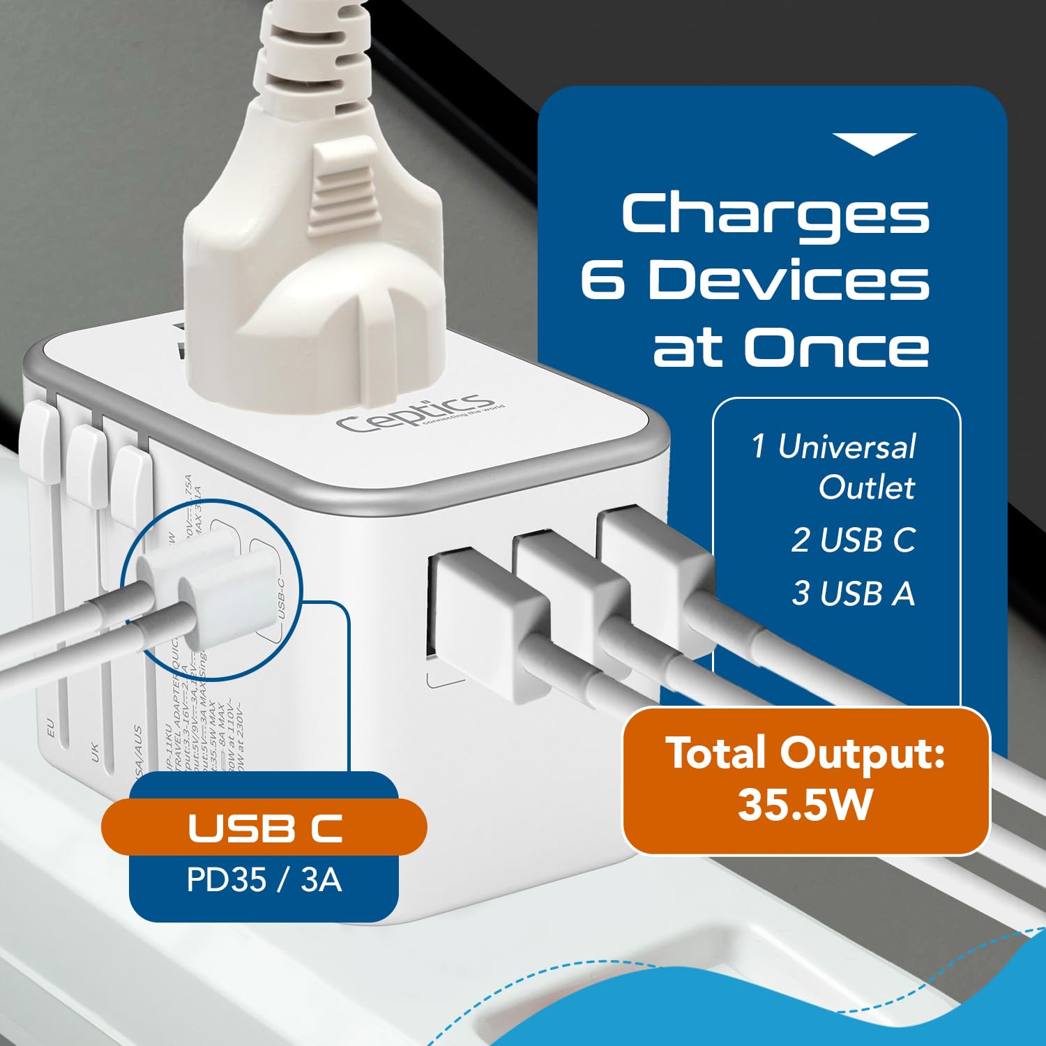 1742062954 Ceptics 6 in 1 Universal Travel Adapter with Type C Worldwide Travel Adapter Universal Plug Socket 3xUSB A 1xPDQC 3.0 1x USB C W3.1A Fast Charging International Travel Adapter White