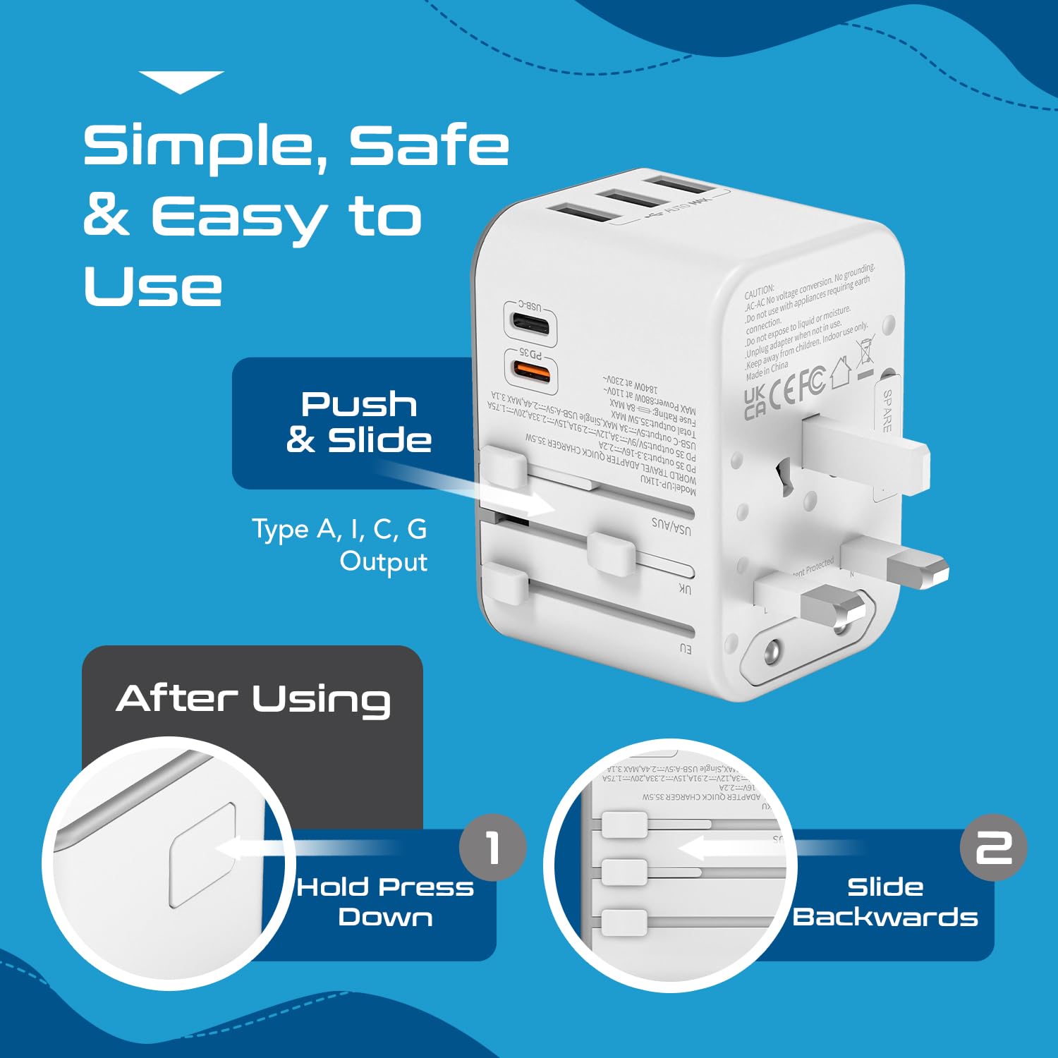 1742062956 Ceptics 6 in 1 Universal Travel Adapter with Type C Worldwide Travel Adapter Universal Plug Socket 3xUSB A 1xPDQC 3.0 1x USB C W3.1A Fast Charging International Travel Adapter White