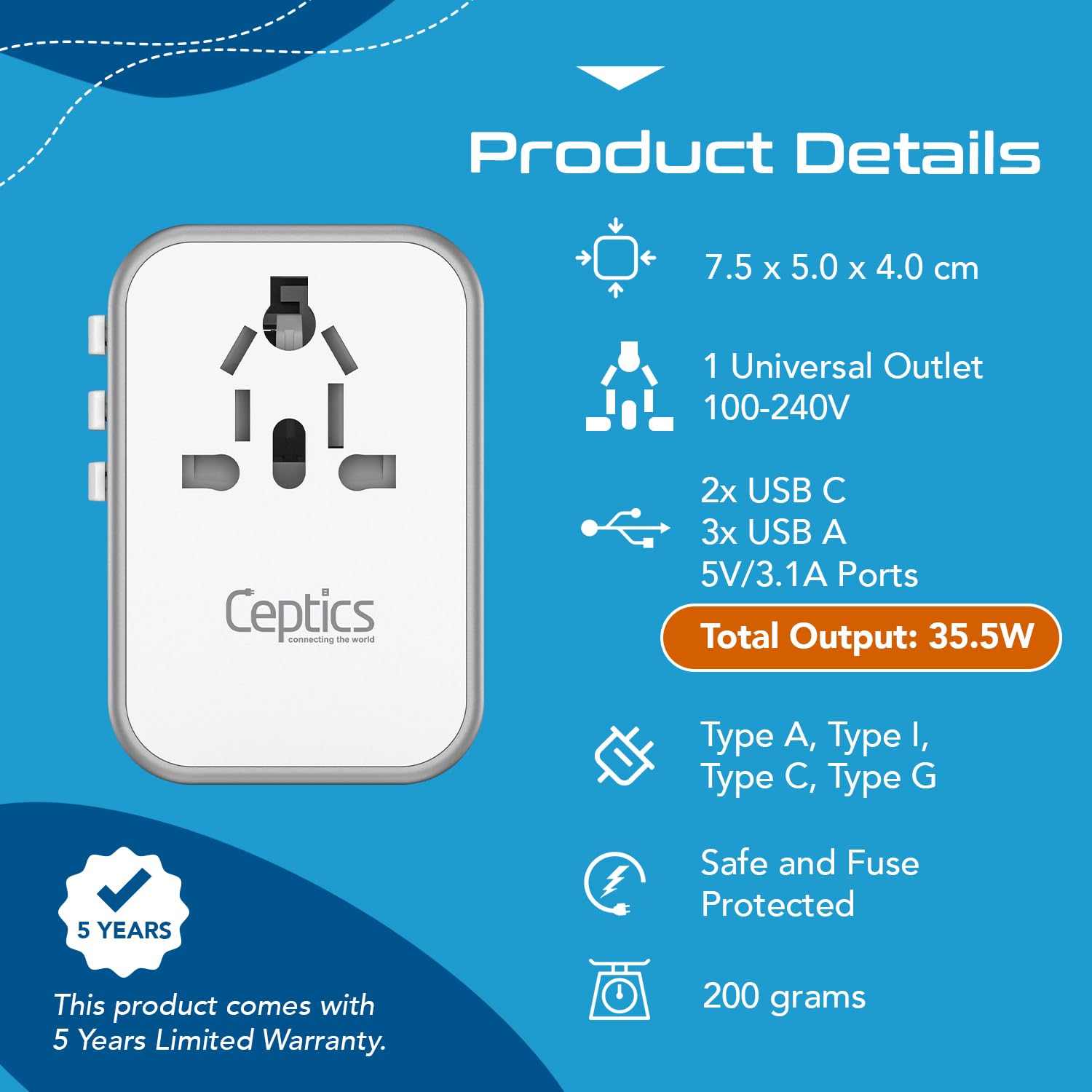 1742062958 Ceptics 6 in 1 Universal Travel Adapter with Type C Worldwide Travel Adapter Universal Plug Socket 3xUSB A 1xPDQC 3.0 1x USB C W3.1A Fast Charging International Travel Adapter White