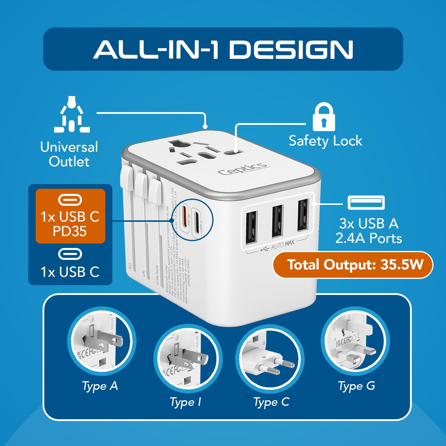 1742062963 Ceptics 6 in 1 Universal Travel Adapter with Type C Worldwide Travel Adapter Universal Plug Socket 3xUSB A 1xPDQC 3.0 1x USB C W3.1A Fast Charging International Travel Adapter White