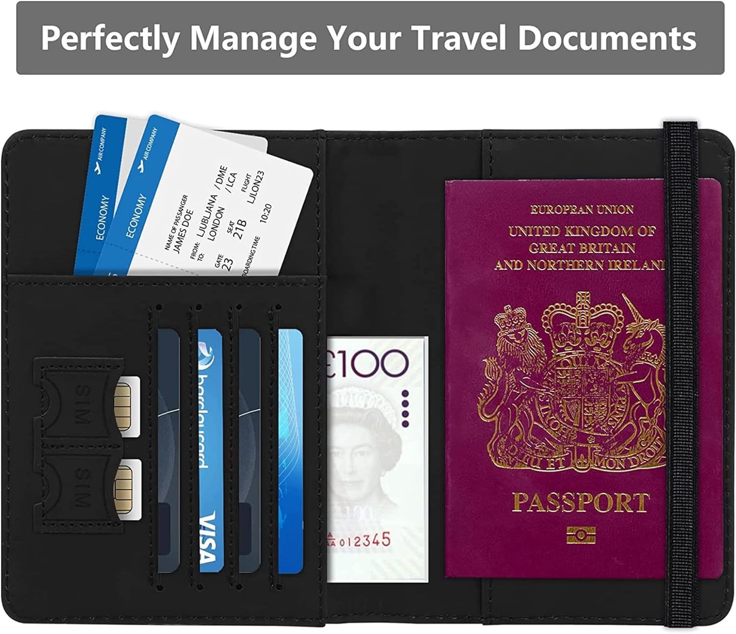 1742841129 REWOP Passport Cover RFID Blocking PU Leather Travel Passport Holder Cover Travel Wallet Organiser Passport Case Travel Document Organiser for Men Women 14.8 X 11CM Jet Black