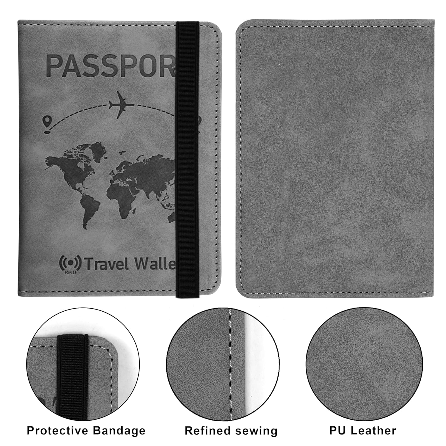 1742927619 Storite 2 Pack Grey RFID Blocking PU Leather Travel Passport Holder Cover Travel Wallet Organiser Passport Case Travel Document Organiser for Men Women 14.8 X 11CM Grey