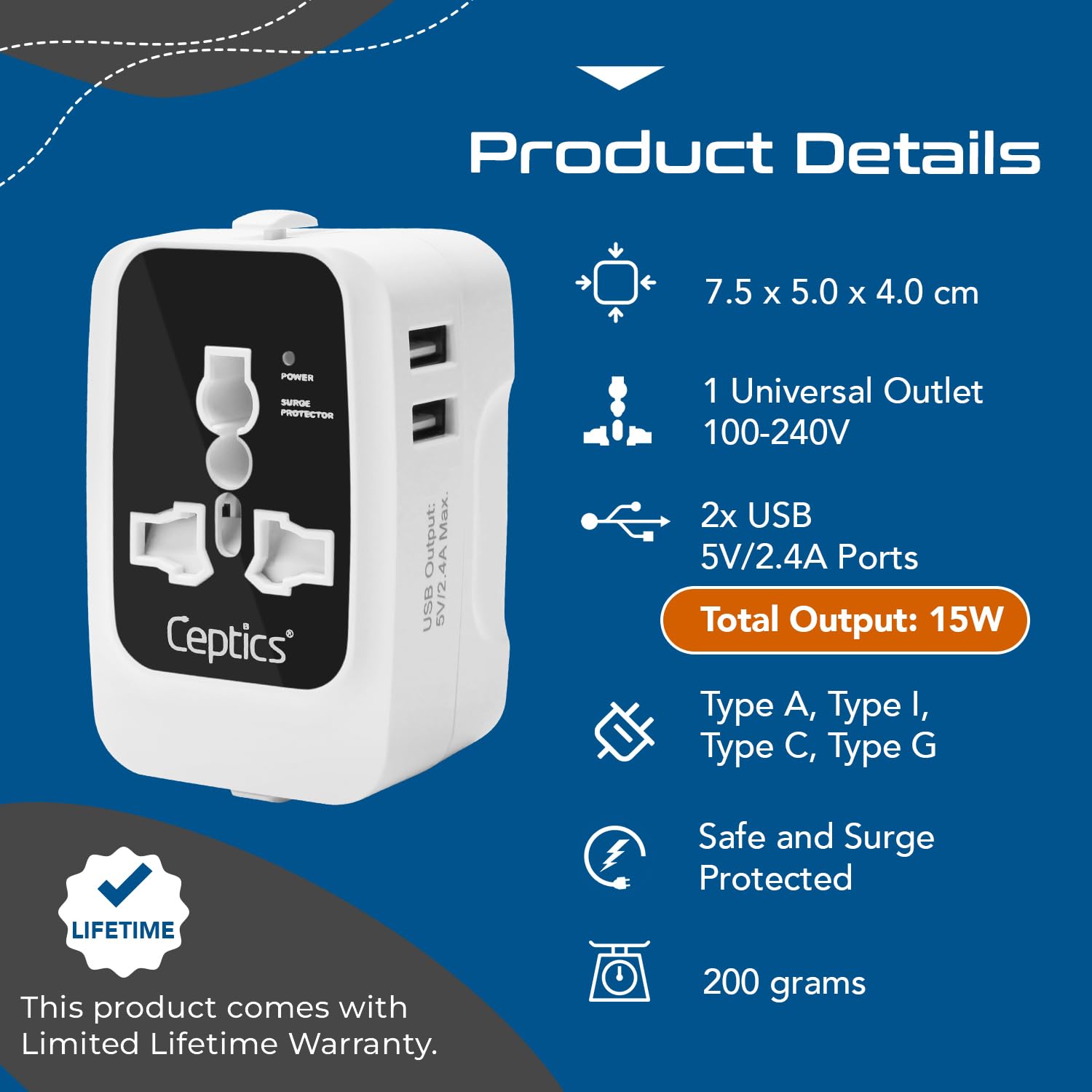 1743273954 Ceptics International Travel Adapter Universal Charger 2X 2.4A USB A with 15W Output Universal Socket for Global use CE RoHS Certified– BlackWhite