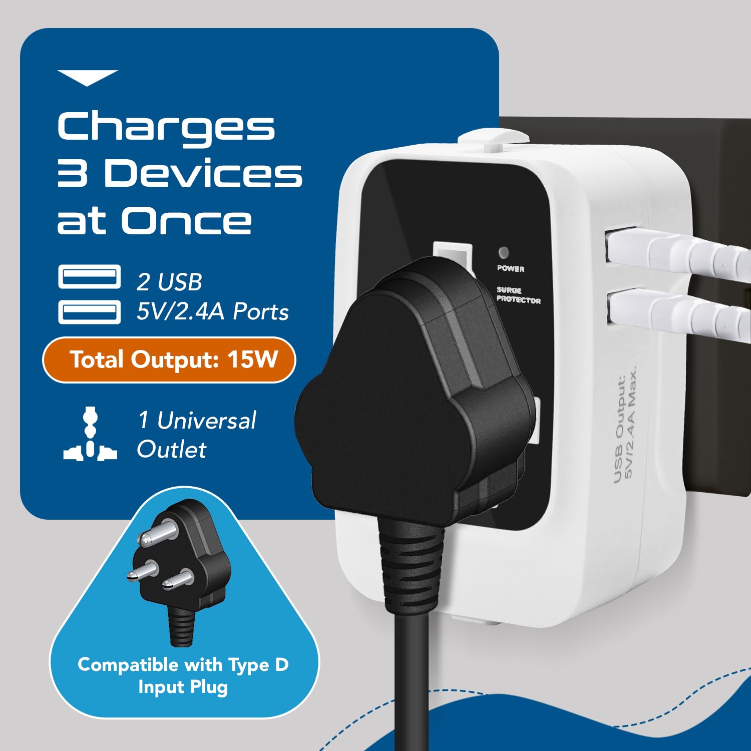 1743273956 Ceptics International Travel Adapter Universal Charger 2X 2.4A USB A with 15W Output Universal Socket for Global use CE RoHS Certified– BlackWhite