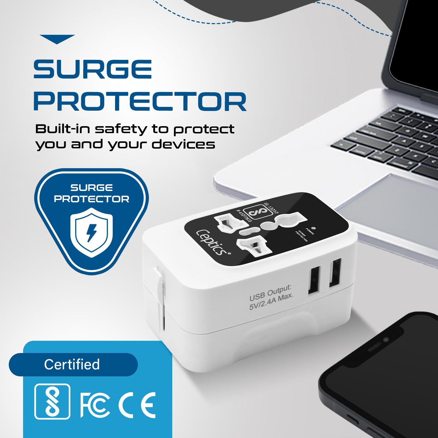 1743273958 Ceptics International Travel Adapter Universal Charger 2X 2.4A USB A with 15W Output Universal Socket for Global use CE RoHS Certified– BlackWhite