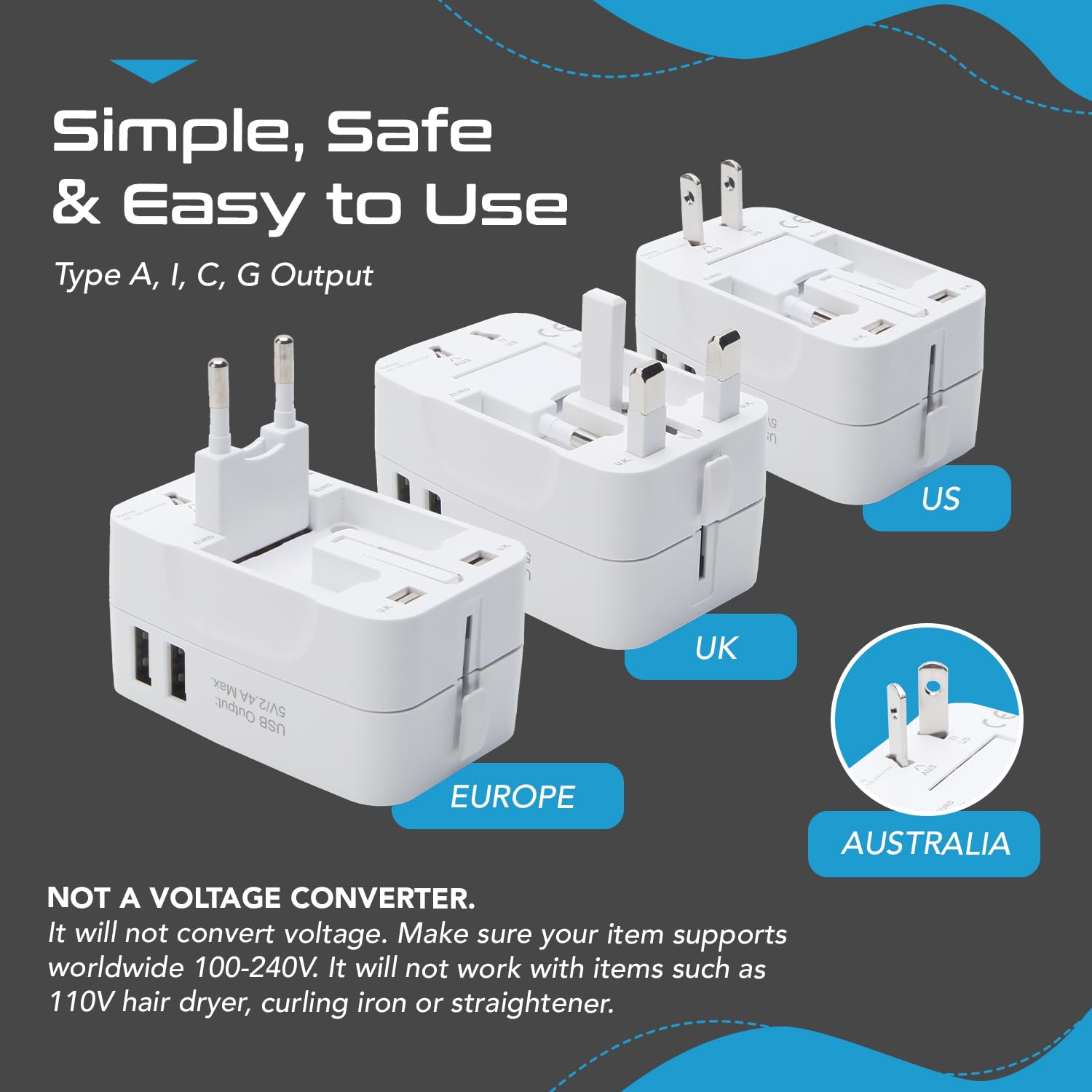 1743273959 Ceptics International Travel Adapter Universal Charger 2X 2.4A USB A with 15W Output Universal Socket for Global use CE RoHS Certified– BlackWhite