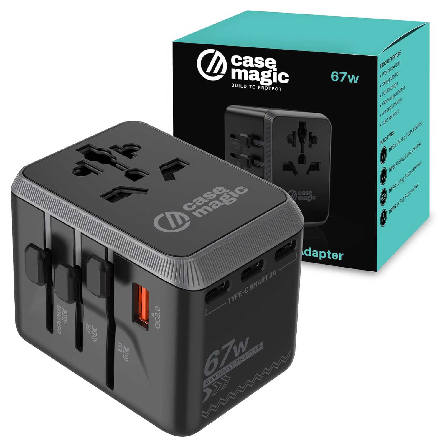 Case-Magic Universal Plug Travel Adapter 67W GaN USB C, International Wall Charger for USA/AUS/UK/EU/ 200+ Countries Worldwide/ 15W USB C, 18W USB A QC3.0 Ports for Laptop, Smartphone, Tablet, Camera