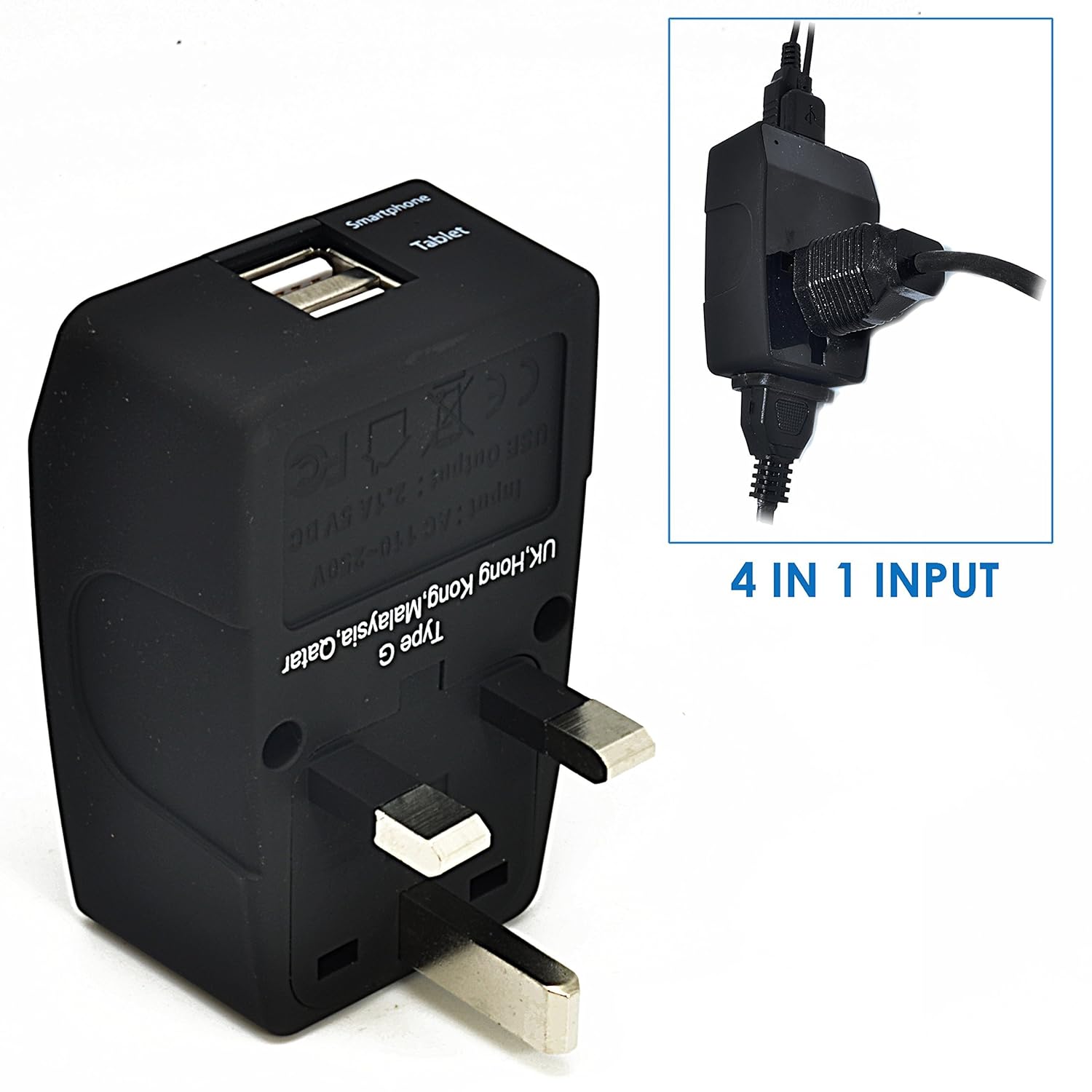 Ceptics 4 in 1 India to UK UAE Hong Kong More Type G Travel Adapter Plug Universal Input 2 USB CE Certified RoHS Compliant GP4 7