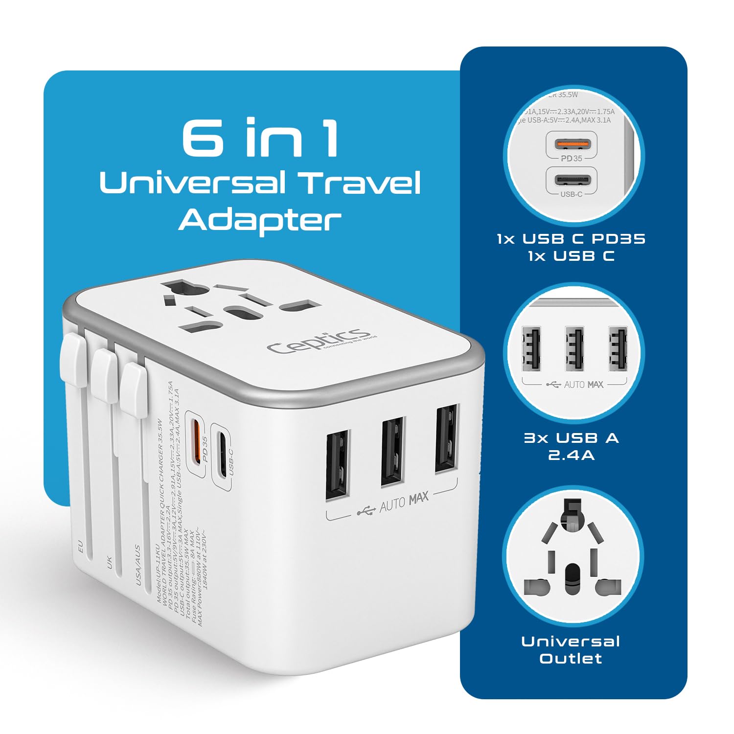 Ceptics 6 in 1 Universal Travel Adapter with Type C Worldwide Travel Adapter Universal Plug Socket 3xUSB A 1xPDQC 3.0 1x USB C W3.1A Fast Charging International Travel Adapter White