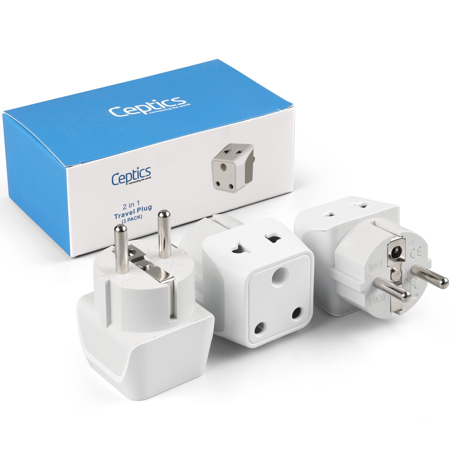 Ceptics Europe Travel Adapter 2 in 1 India to Europe Germany France Schuko Adapter Type EF European Plug Adapter for Laptops Phones Chargers CE RoHS 3 Pack