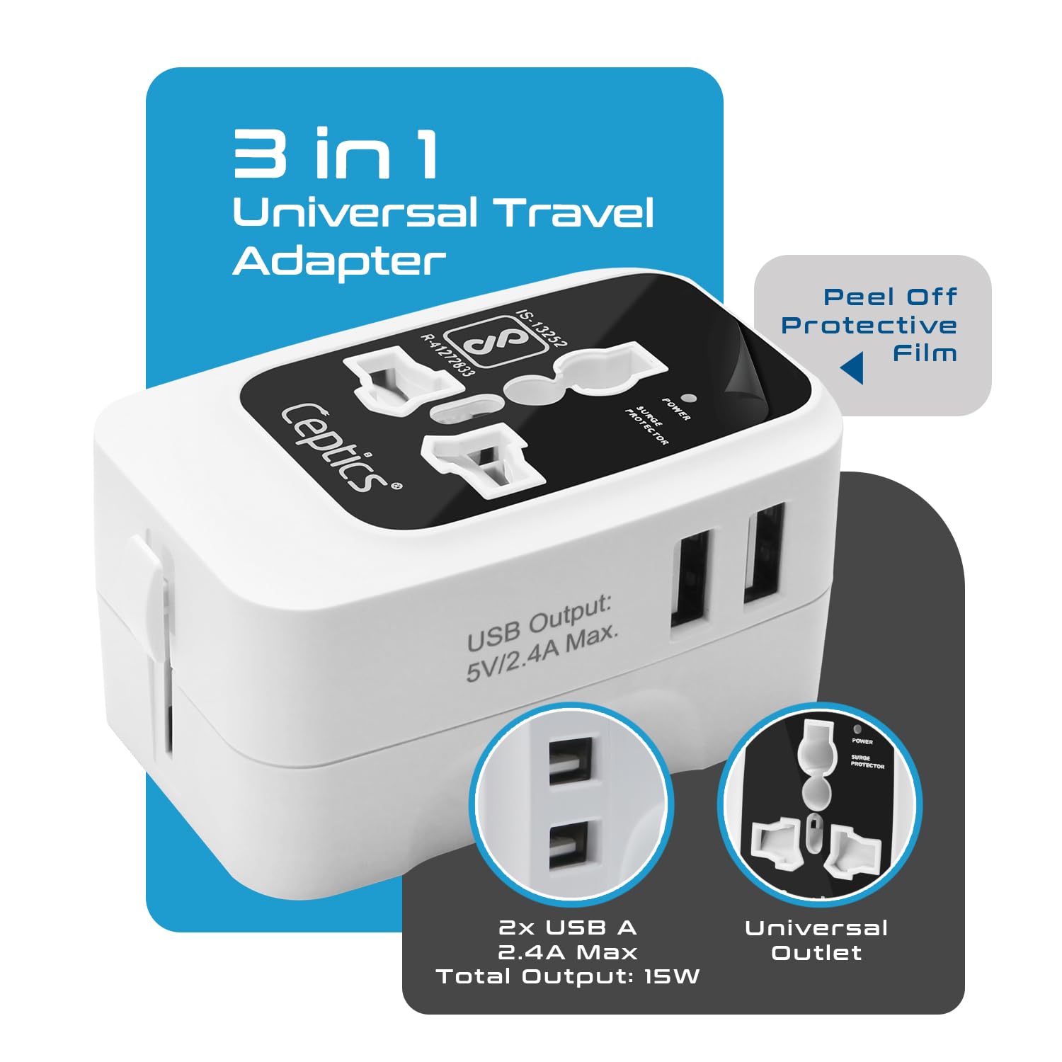 Ceptics International Travel Adapter Universal Charger 2X 2.4A USB A with 15W Output Universal Socket for Global use CE RoHS Certified– BlackWhite