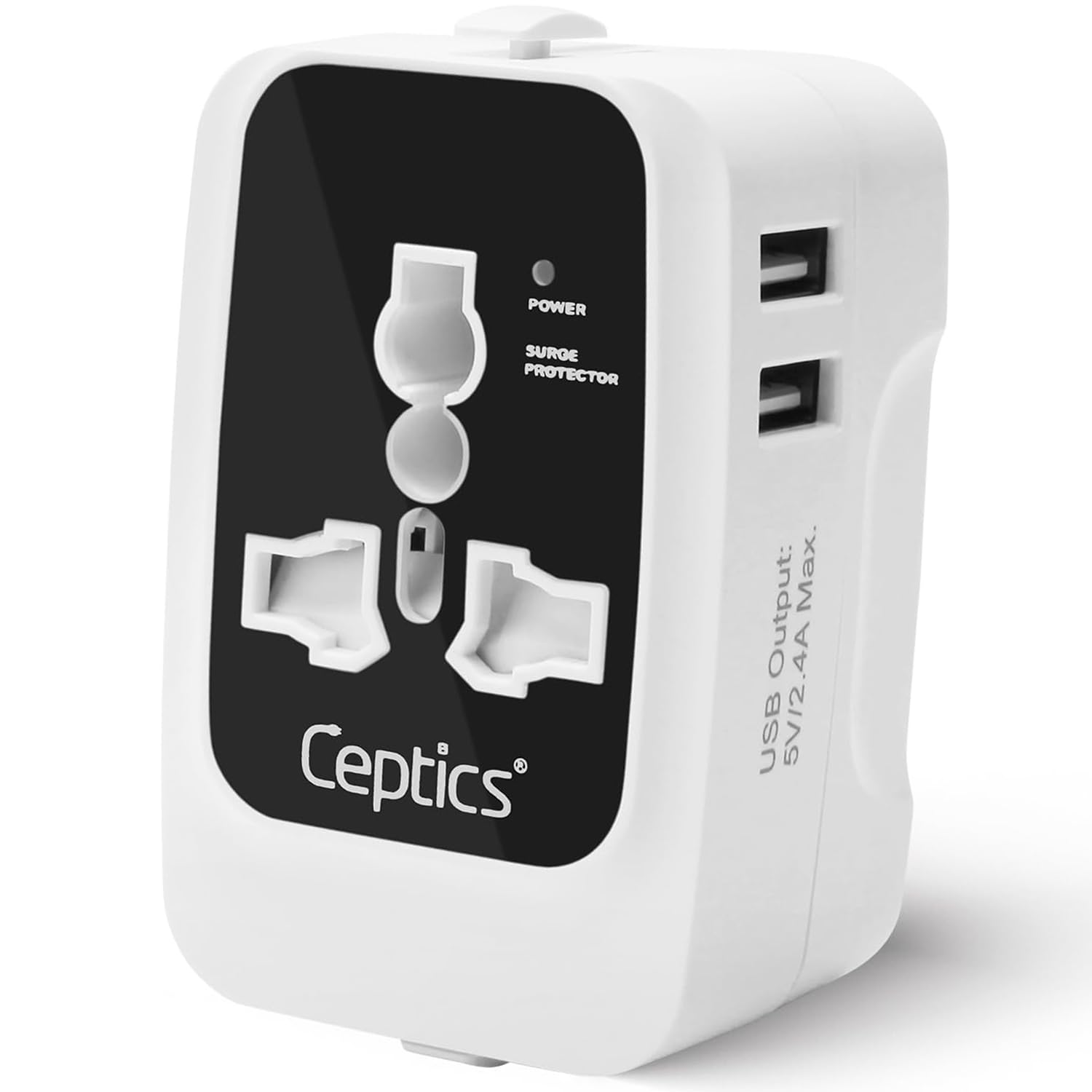 Ceptics International Travel Adapter, Universal Charger, 2X 2.4A USB-A with 15W Output, Universal Socket for Global use, CE & RoHS Certified– Black/White