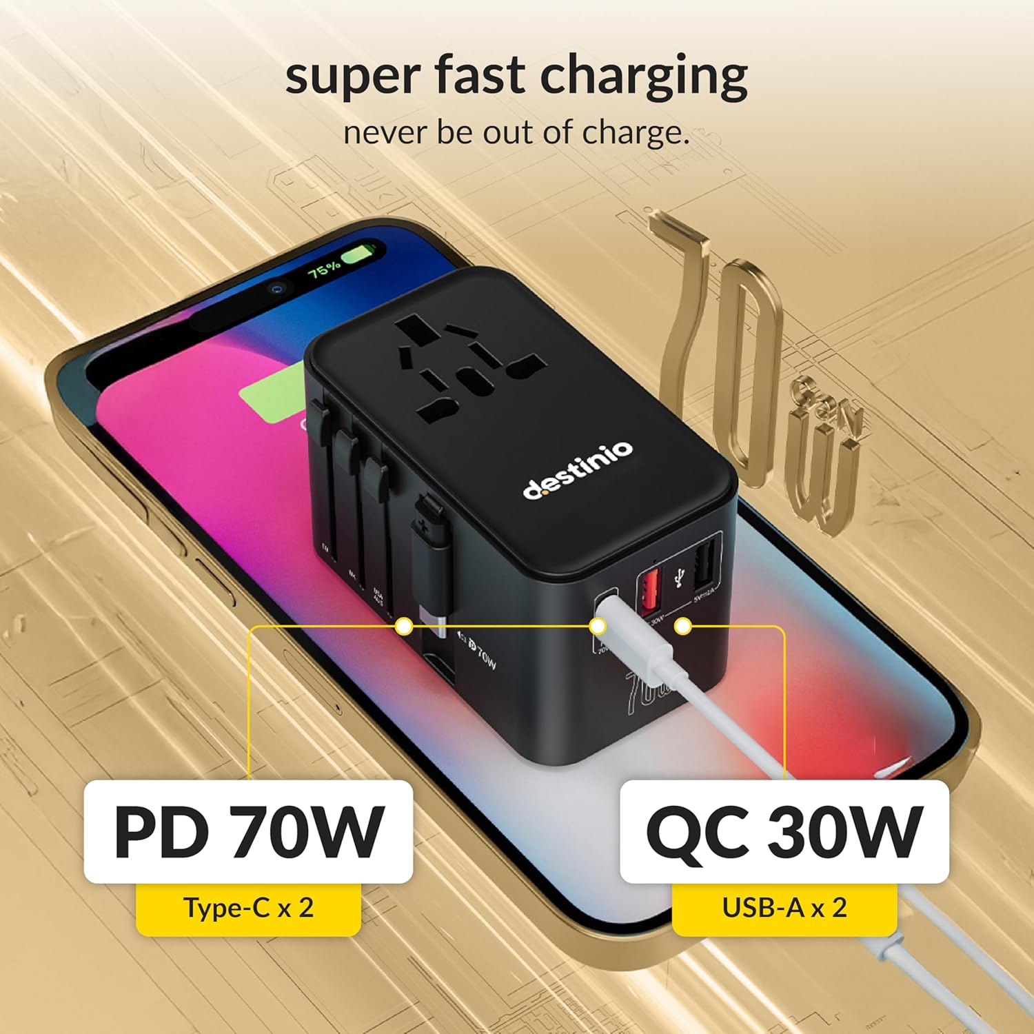 Destinio Universal Travel Adapter 70w with Built in Type C Cable All in one Worldwide Fast Charging GaN International Charger with PD 70w Type C 70w 2 USBA Ports 30W for US UK CanadaEurope
