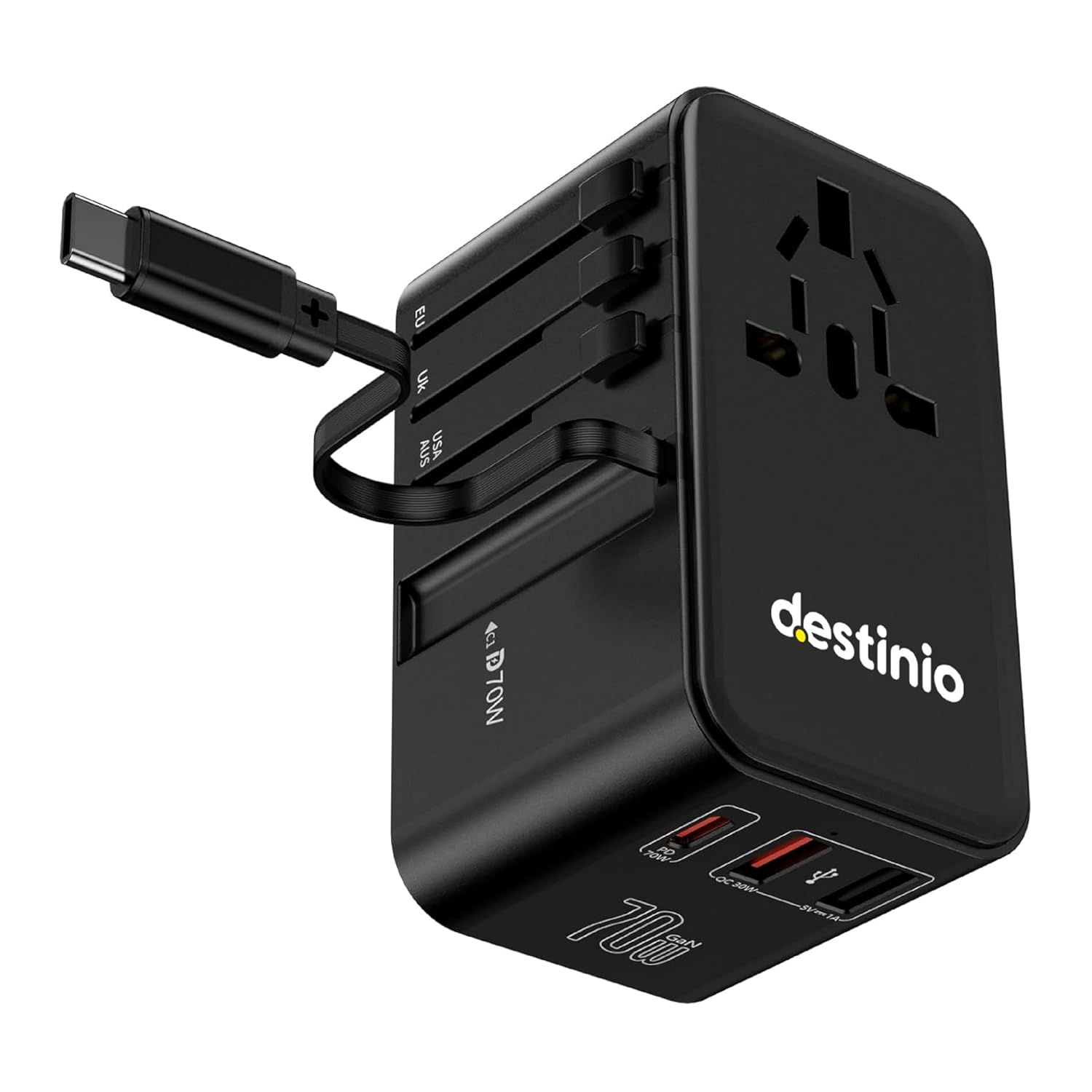 Destinio Universal Travel Adapter 70w with Built in Type C Cable - All-in-one Worldwide Fast Charging GaN International Charger with PD 70w, Type C 70w & 2 USBA Ports (30W) for US, UK, Canada,Europe