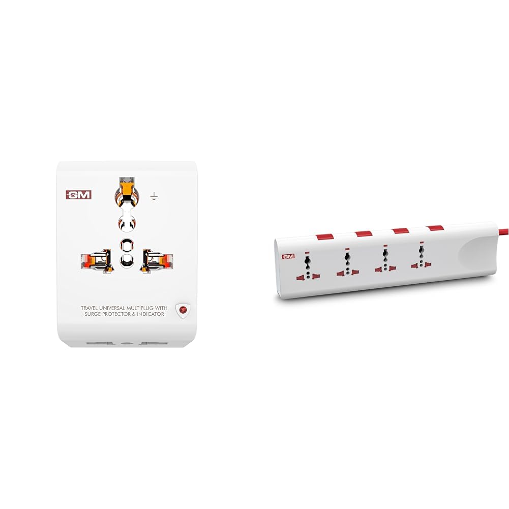 GM 3012 3 Pin Travel Universal Multi Plug Adaptor with Surge Protector and Indicator White Pack of 1