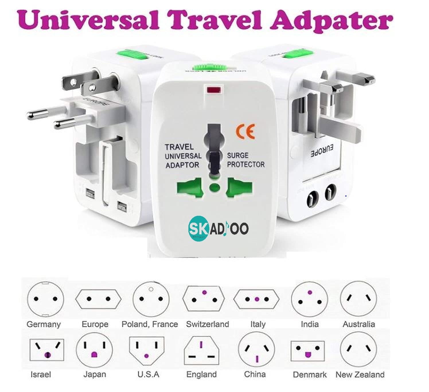 SKADIOO Universal Charger Adapter 240V 2 Years Warranty Universal Travel Adapter All in One International Travel Adapter for 150 Countries Set of 2 White