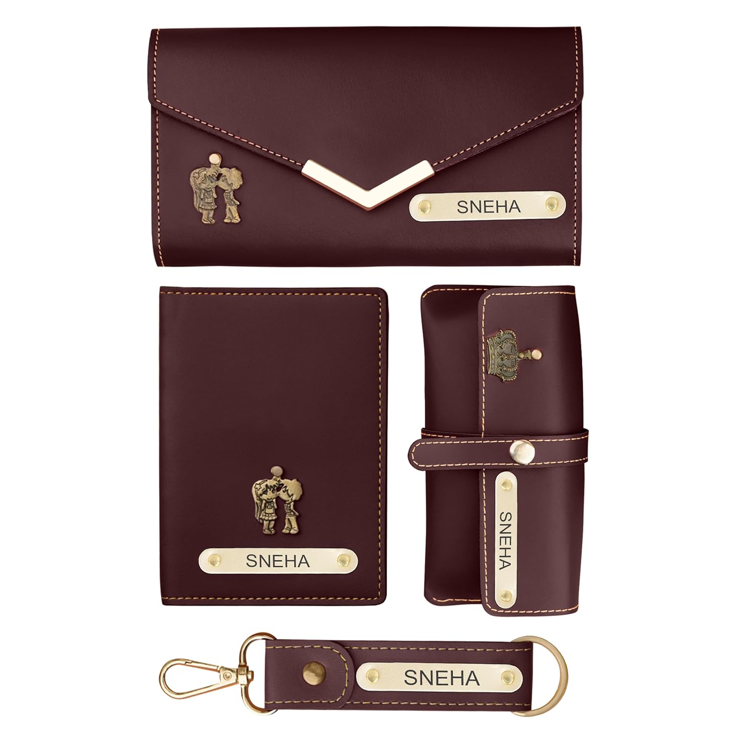 The Wallet Store Personalized Leather Clutch, Passport Cover, Keychain & The Wallet Store Personalized Leather Clutch, Passport Cover, Keychain & Eyewear Combo | with Name & Charms | Best Gift for Wife, Girlfriend, Sister, Mother Etc (Brown)