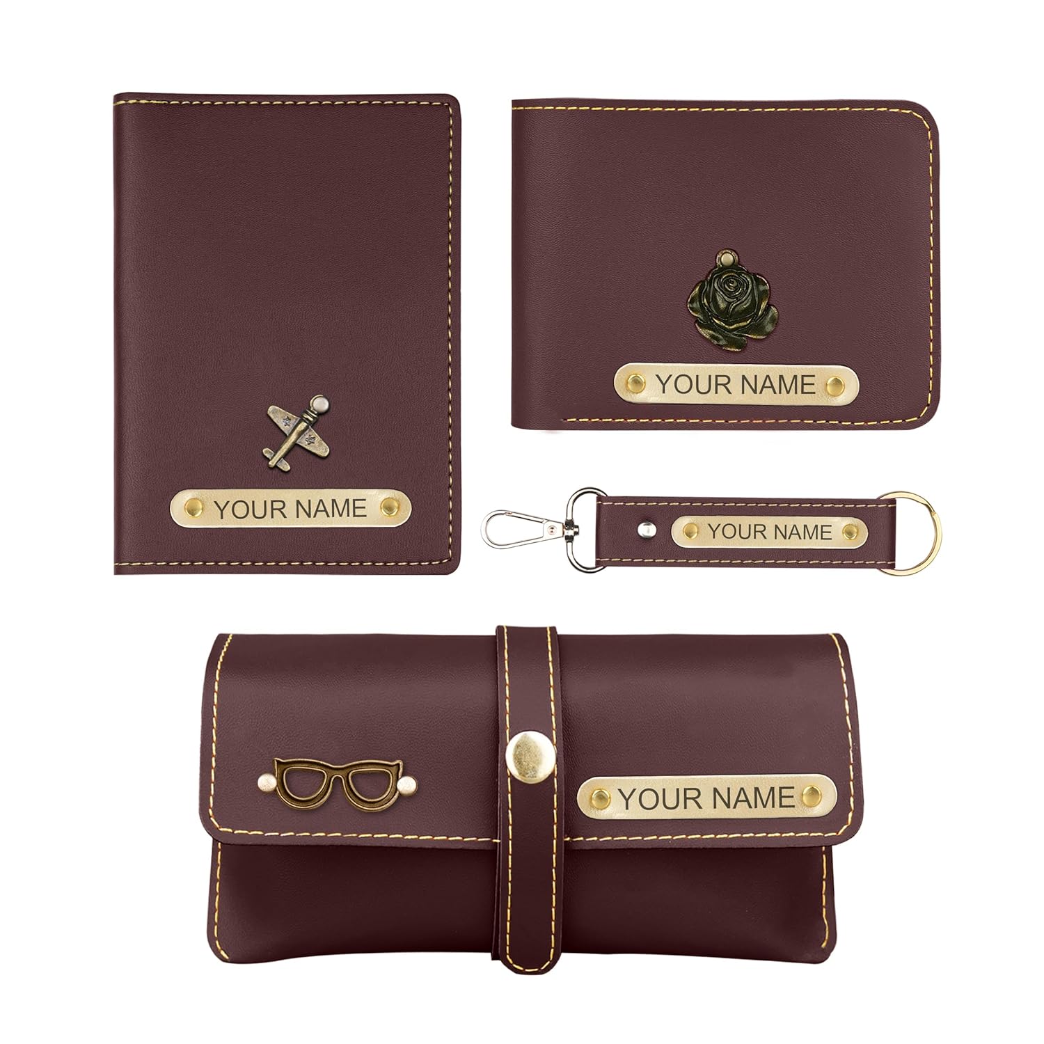 The Wallet Store Personalized Passport Cover, Wallet, Keychain & Eyewear The Wallet Store Personalized Passport Cover, Wallet, Keychain & Eyewear Case Combo | with Name & Charms | Best Customized Gifts for Men, Husband, Boyfriend, Father, Brother, Etc (Brown)