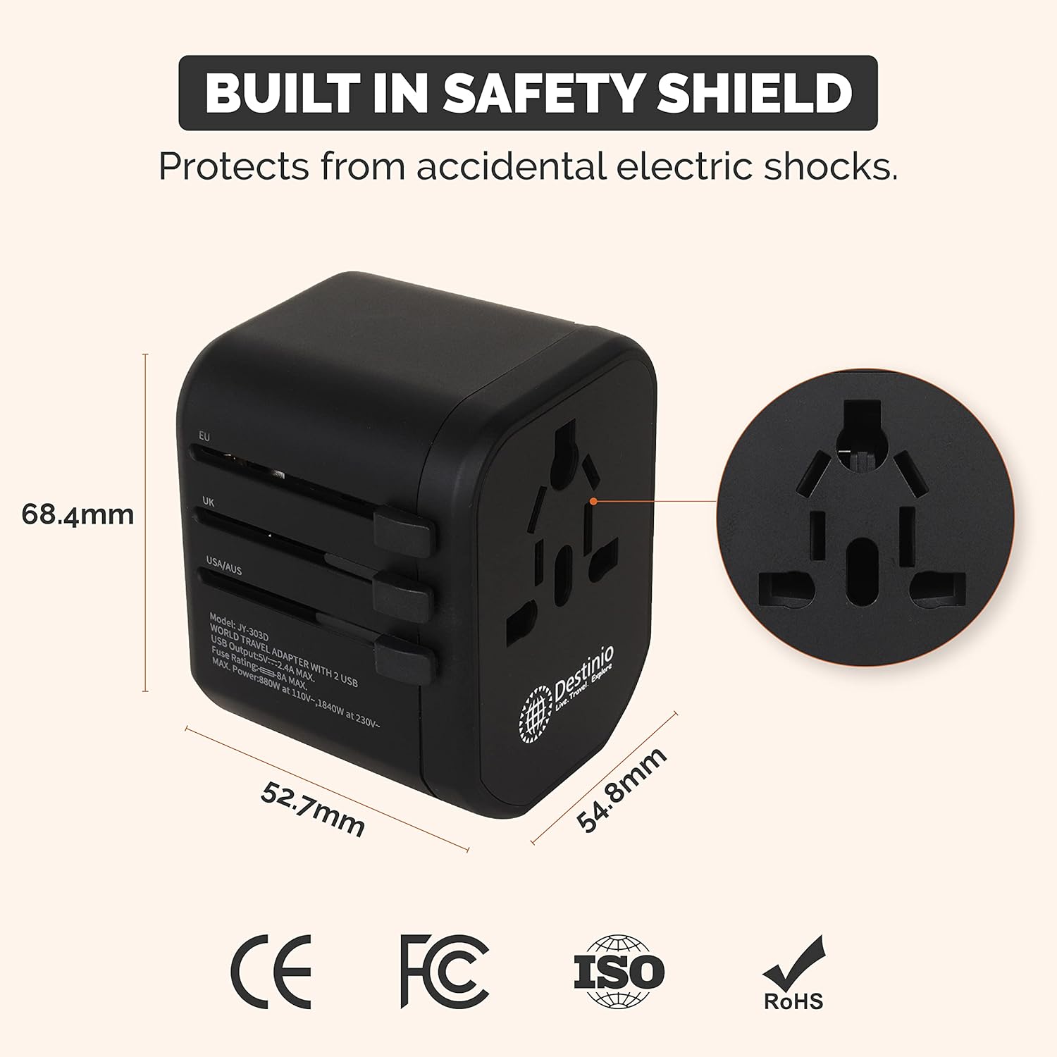 1743619848 Destinio Universal Travel Adapter with Dual USB Ports All in One Worldwide Universal Charger Plug for US UK Europe Canada Singapore and Others Black 1 Unit
