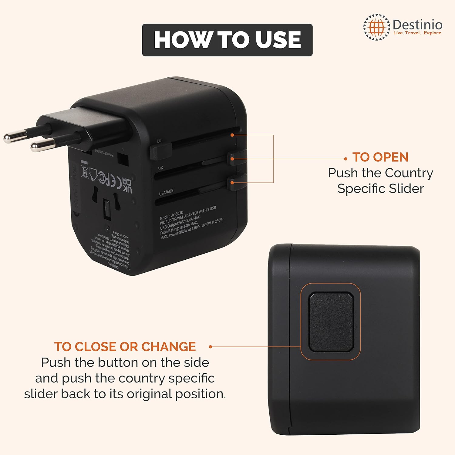 1743619850 Destinio Universal Travel Adapter with Dual USB Ports All in One Worldwide Universal Charger Plug for US UK Europe Canada Singapore and Others Black 1 Unit