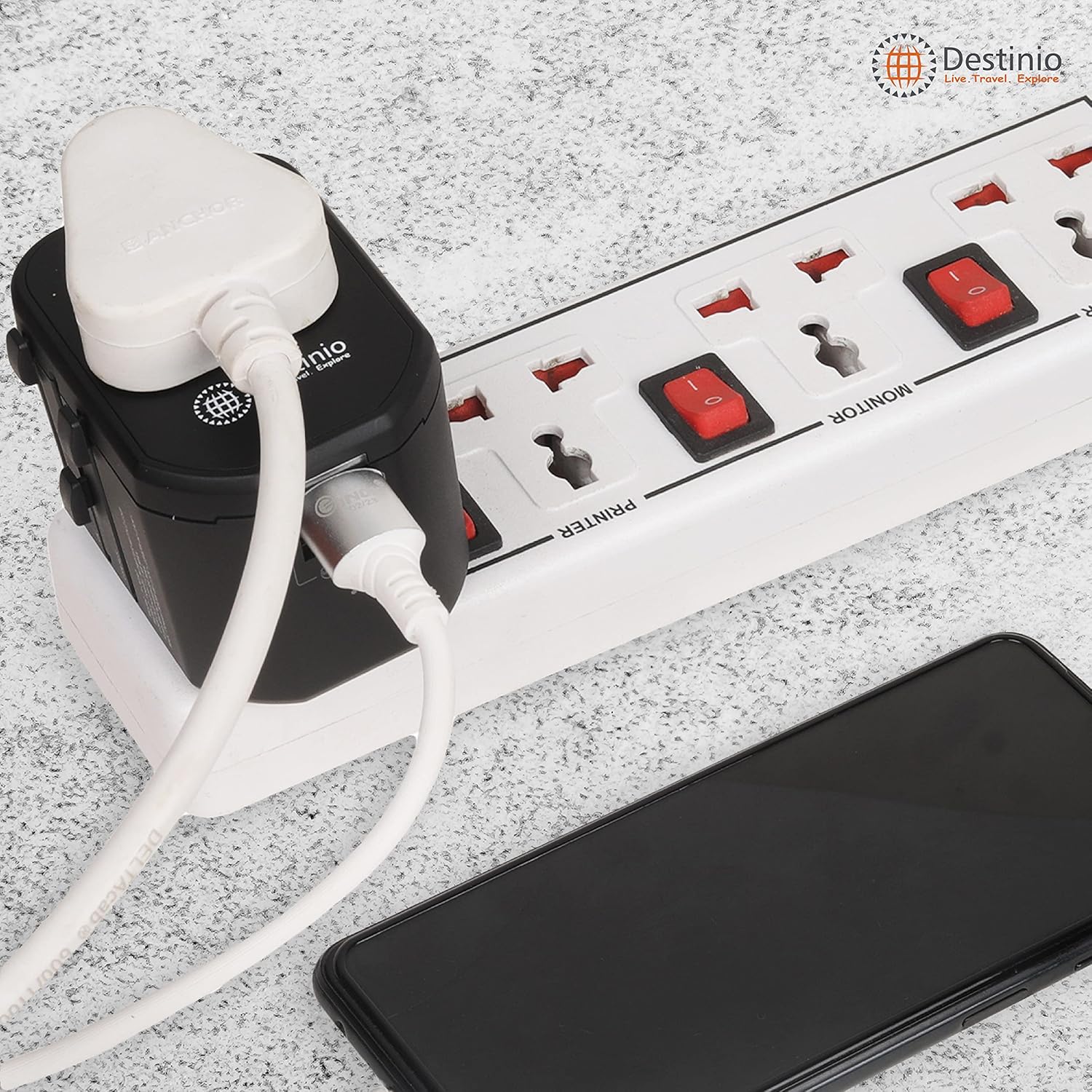 1743619855 Destinio Universal Travel Adapter with Dual USB Ports All in One Worldwide Universal Charger Plug for US UK Europe Canada Singapore and Others Black 1 Unit
