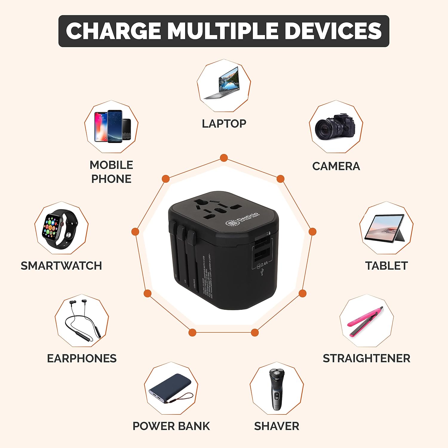 1743619858 Destinio Universal Travel Adapter with Dual USB Ports All in One Worldwide Universal Charger Plug for US UK Europe Canada Singapore and Others Black 1 Unit