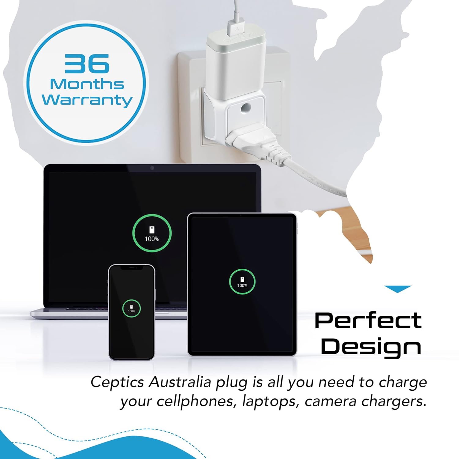 1743879222 Ceptics India to Australia Plug Converter – 2 in 1 China New Zealand Adapter Type I CE Certified RoHS Compliant – White 1 Pack Lifetime Limited Warranty