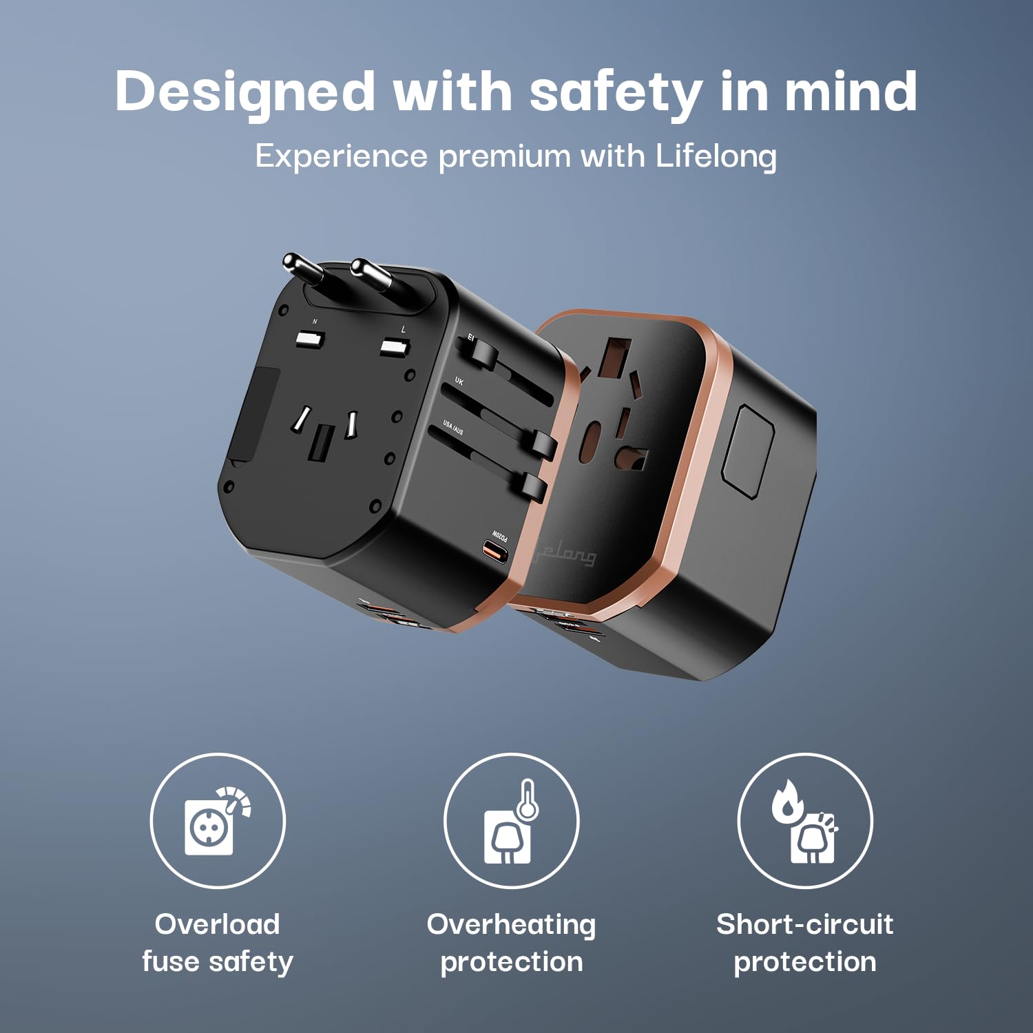 1744052229 Lifelong Universal Travel Adapter 4 in 1 Fast Charger with 20W USB C 2 USB A Ports Adjustable Pins for 150 Countries USUKEUAUAsia Dual Fuse Protection Compact Worldwide Power Adapter