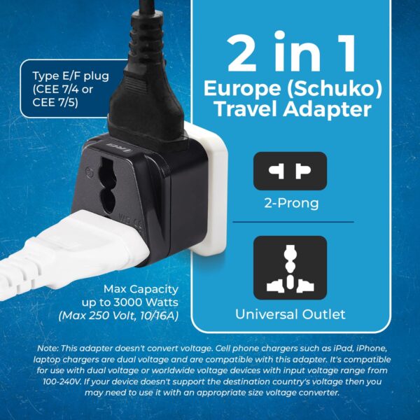 1744311776 OREI India to Europe Schuko Plug Type EF Europe Plug Adapter 2 in 1 Universal Adapter for Europe Perfect for Laptop Camera Charger CE RoHS 2 Pack Black 5 Years Warranty