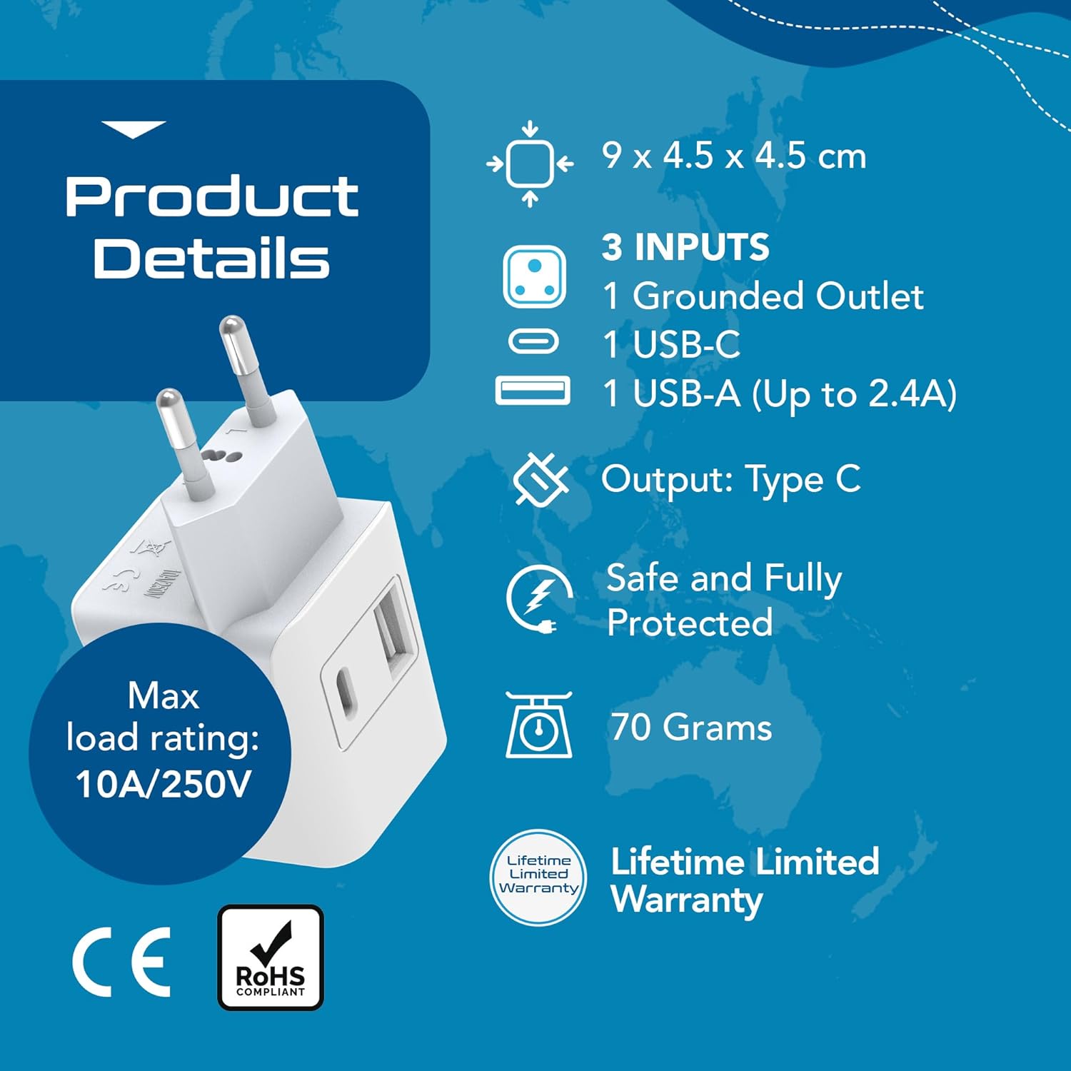 1744917256 Ceptics Travel Adapter India to Europe 3 in 1 Plug Adapter for Germany France With 1 USB 1 USB C Type C for Laptops Phones CE RoHS White 1pc