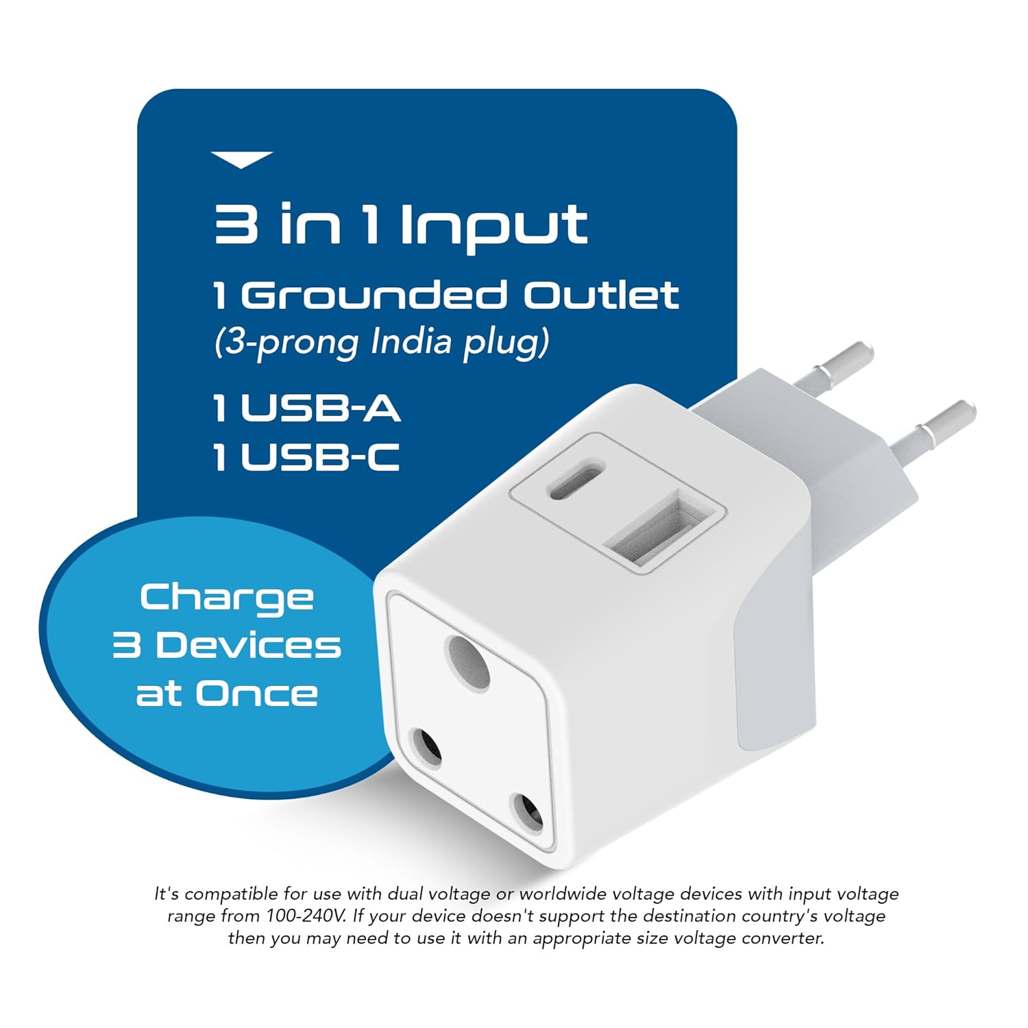 1744917260 Ceptics Travel Adapter India to Europe 3 in 1 Plug Adapter for Germany France With 1 USB 1 USB C Type C for Laptops Phones CE RoHS White 1pc