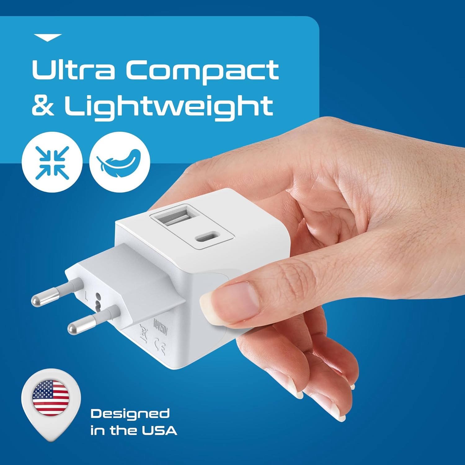 1744917261 Ceptics Travel Adapter India to Europe 3 in 1 Plug Adapter for Germany France With 1 USB 1 USB C Type C for Laptops Phones CE RoHS White 1pc