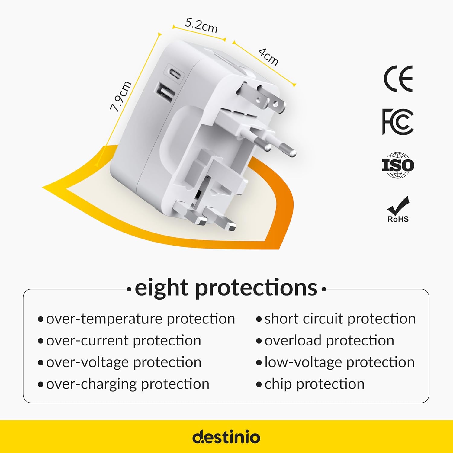 1745263156 Destinio Universal Travel Adapter with Type C 12W Type C 12W USB A 5V2.4A 3 in 1 International Worldwide All in One Charger Plug and Socket for USA Canada UK Europe 10 Yr Warranty