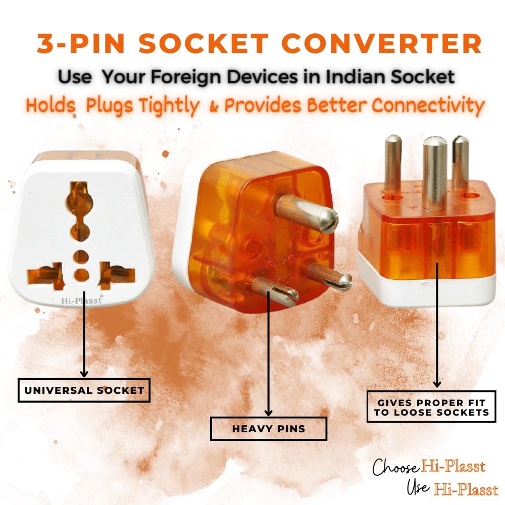 1745349737 Hi Plasst USA to India Travel Adapter 6A to 10A 3 Pin Plug Converter Type D – Pack of 4 Universal Socket for UK Canada Europe to Indian Plug Compatible with Mobile Laptop Chargers