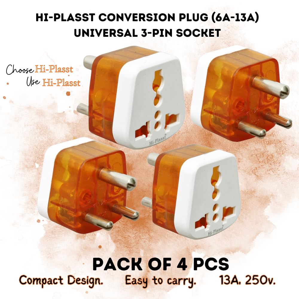 1745349739 Hi Plasst USA to India Travel Adapter 6A to 10A 3 Pin Plug Converter Type D – Pack of 4 Universal Socket for UK Canada Europe to Indian Plug Compatible with Mobile Laptop Chargers