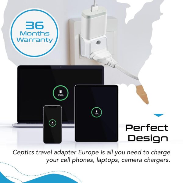 1745868507 Ceptics Europe Travel Adapter 2 in 1 France Germany Adapter Compatible with Smartphone Type EF Ce Certified Rohs Compliant A– White 1 Pack