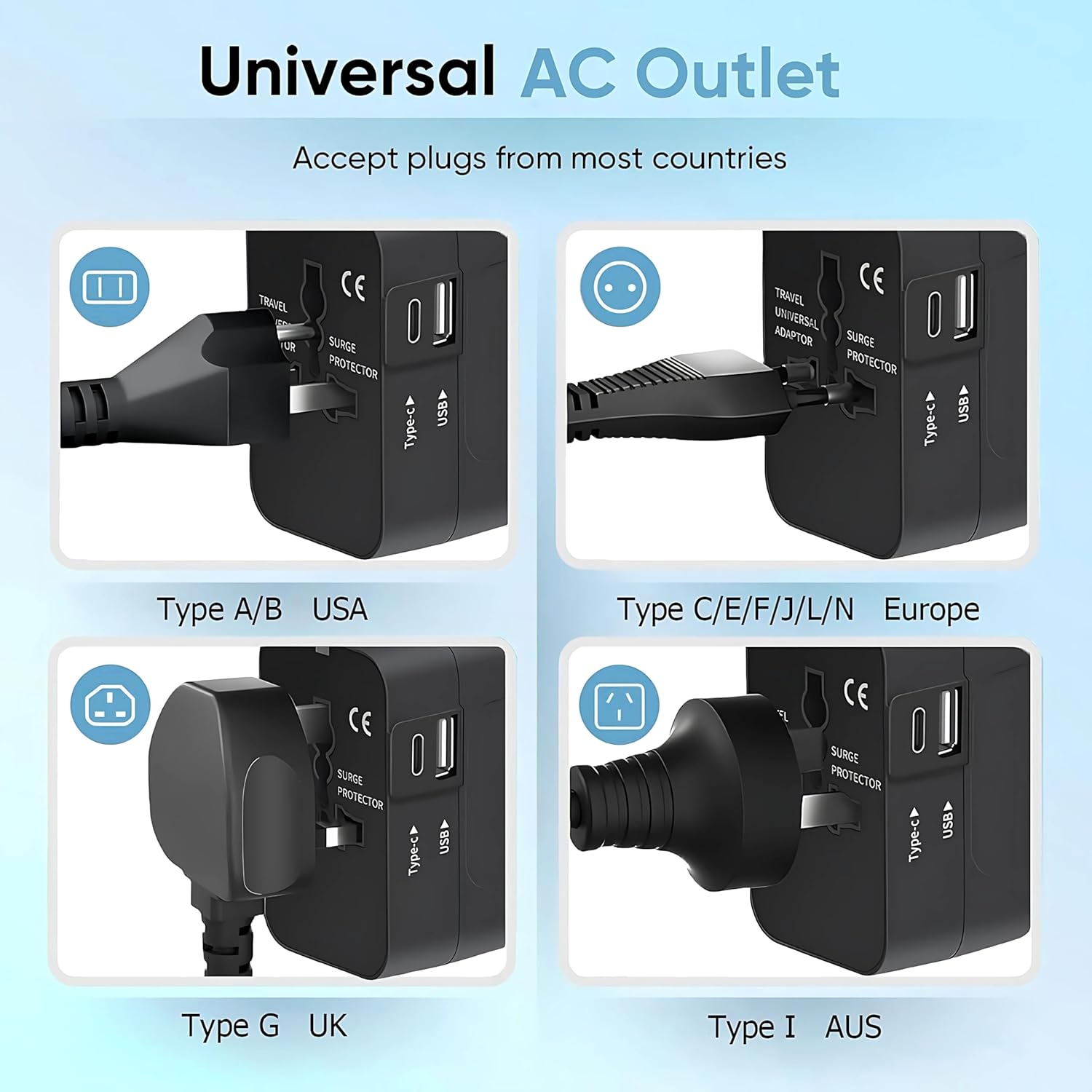 1745955031 Sakit Universal Travel Adapter International All in One Worldwide Travel Adapter and Wall Charger with USB and Type C Port with Multi Type Power Outlet USB 2.1A Travel Charger Black