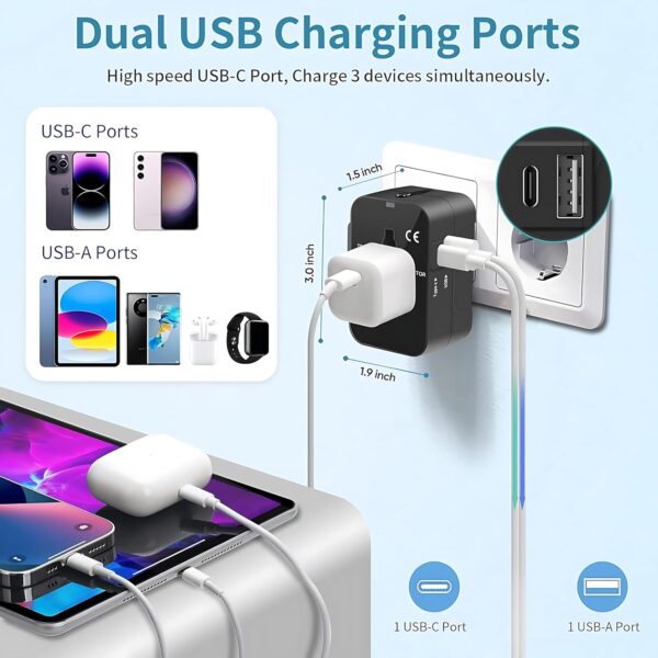 1745955033 Sakit Universal Travel Adapter International All in One Worldwide Travel Adapter and Wall Charger with USB and Type C Port with Multi Type Power Outlet USB 2.1A Travel Charger Black